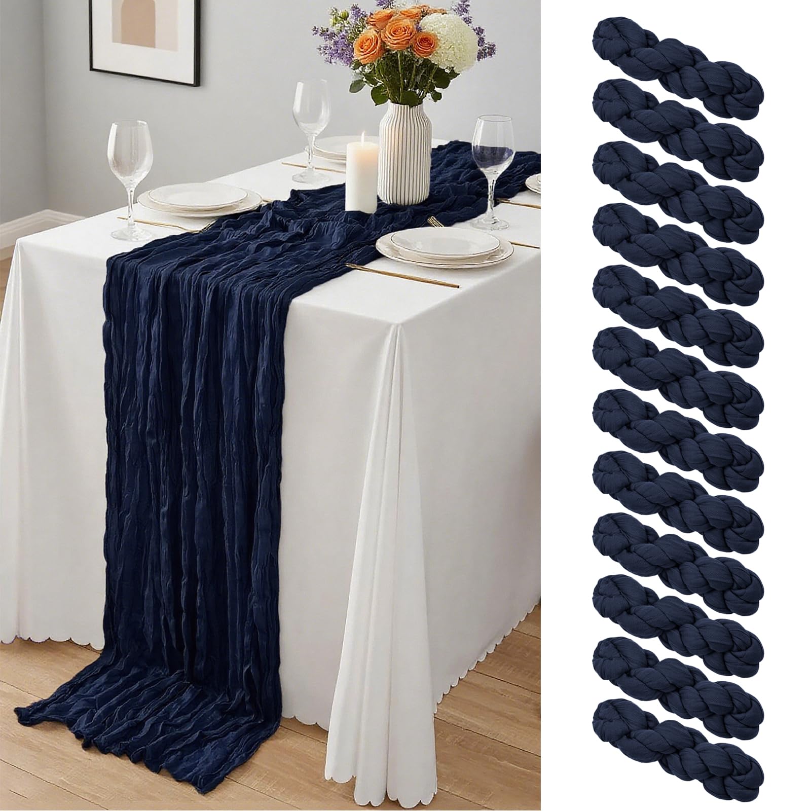 12 Pack Dusty Blue Cheesecloth Table Runner 10Ft, Gauze Table Runners 21.5 x 120 inch,Semi Sheer Cheese Cloth Fabric Runner Bulk for Wedding,Party,Baby Shower,Bridal Shower