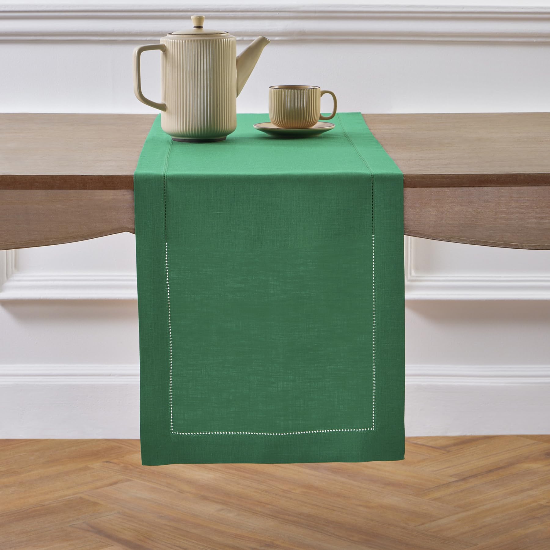 Solino Home Linen Light Natural Table Runner 72 Inches Long - 100% Pure Linen Hemstitch Table Runner 14 x 72 Inch for Dresser, Dining, Spring, Summer - Classic Hemstitch