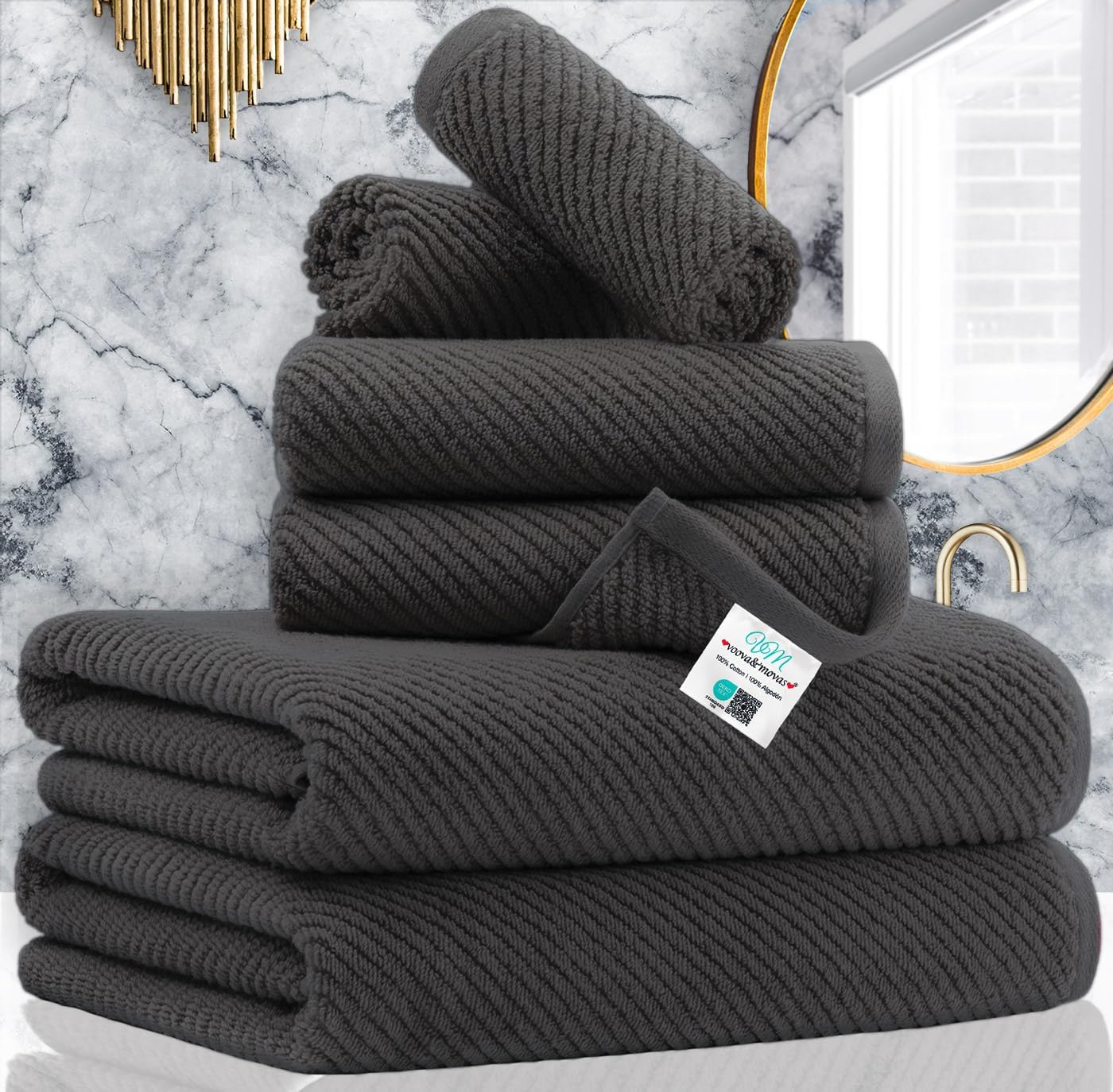 VOOVA & MOVAS Bath Towel Sets - 100% Cotton | Quick Dry | Light Weight | Thick | Soft, Beige Towels Set of 6, 2 Large Bath 30" x 56", 2 Hand 18" x 28", 2 Washcloths 13" x 13", Tan Towel Gift Set