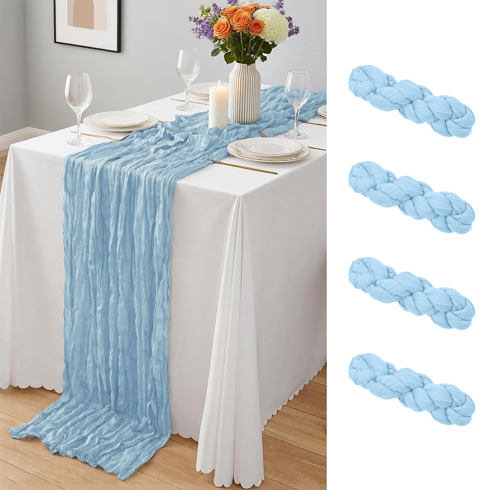 12 Pack Dusty Blue Cheesecloth Table Runner 10Ft, Gauze Table Runners 21.5 x 120 inch,Semi Sheer Cheese Cloth Fabric Runner Bulk for Wedding,Party,Baby Shower,Bridal Shower