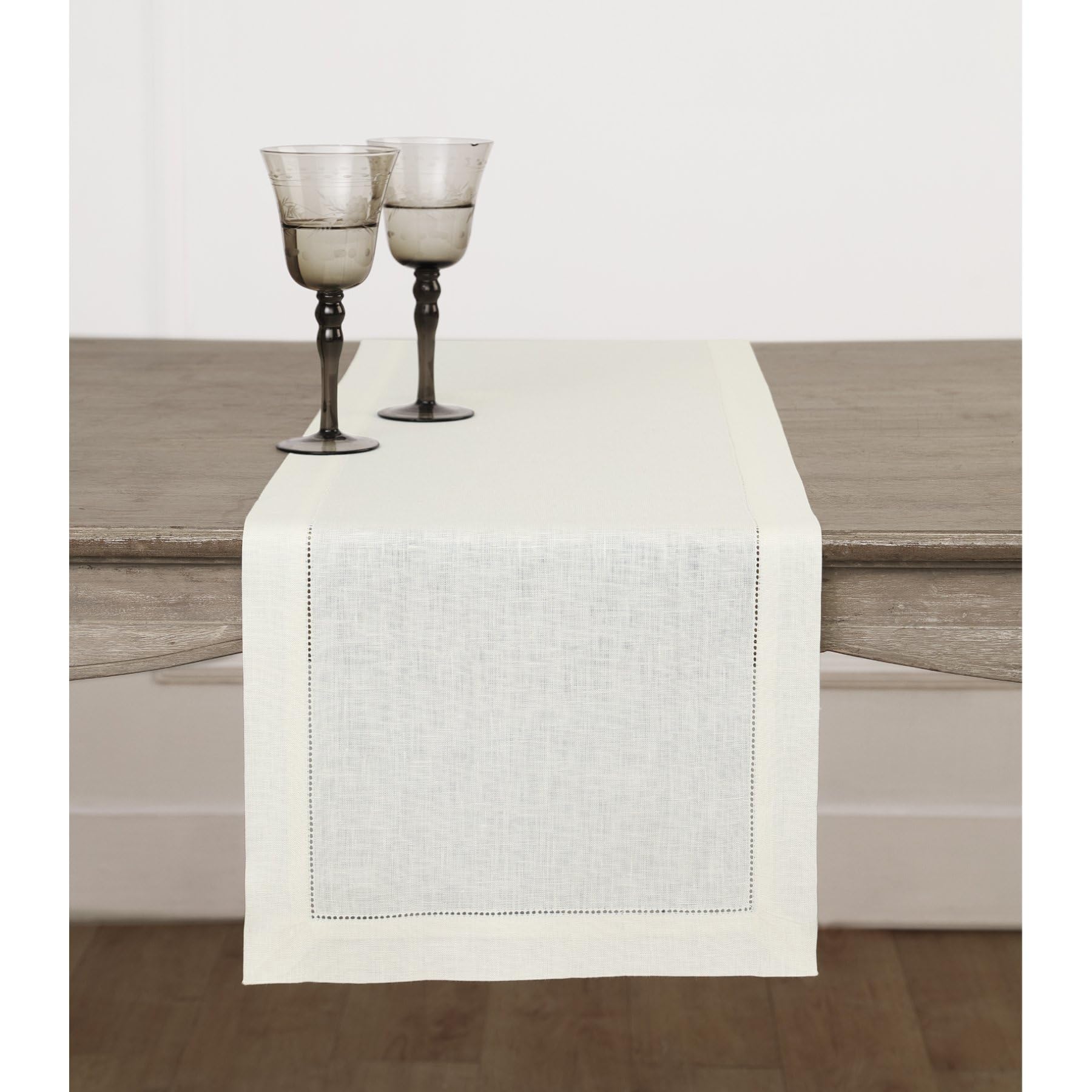 Solino Home Linen Light Natural Table Runner 72 Inches Long - 100% Pure Linen Hemstitch Table Runner 14 x 72 Inch for Dresser, Dining, Spring, Summer - Classic Hemstitch