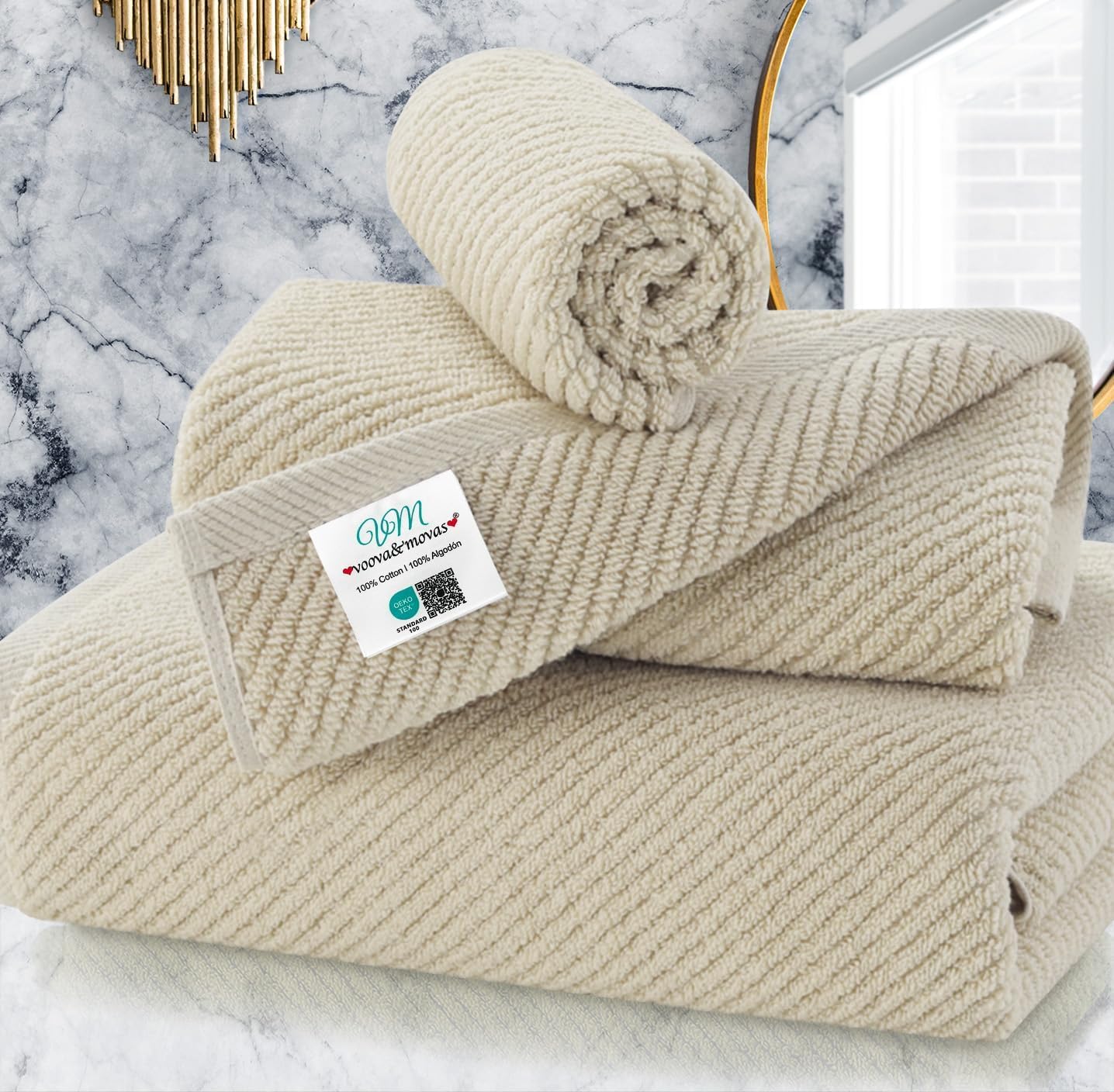VOOVA & MOVAS Bath Towel Sets - 100% Cotton | Quick Dry | Light Weight | Thick | Soft, Beige Towels Set of 6, 2 Large Bath 30" x 56", 2 Hand 18" x 28", 2 Washcloths 13" x 13", Tan Towel Gift Set