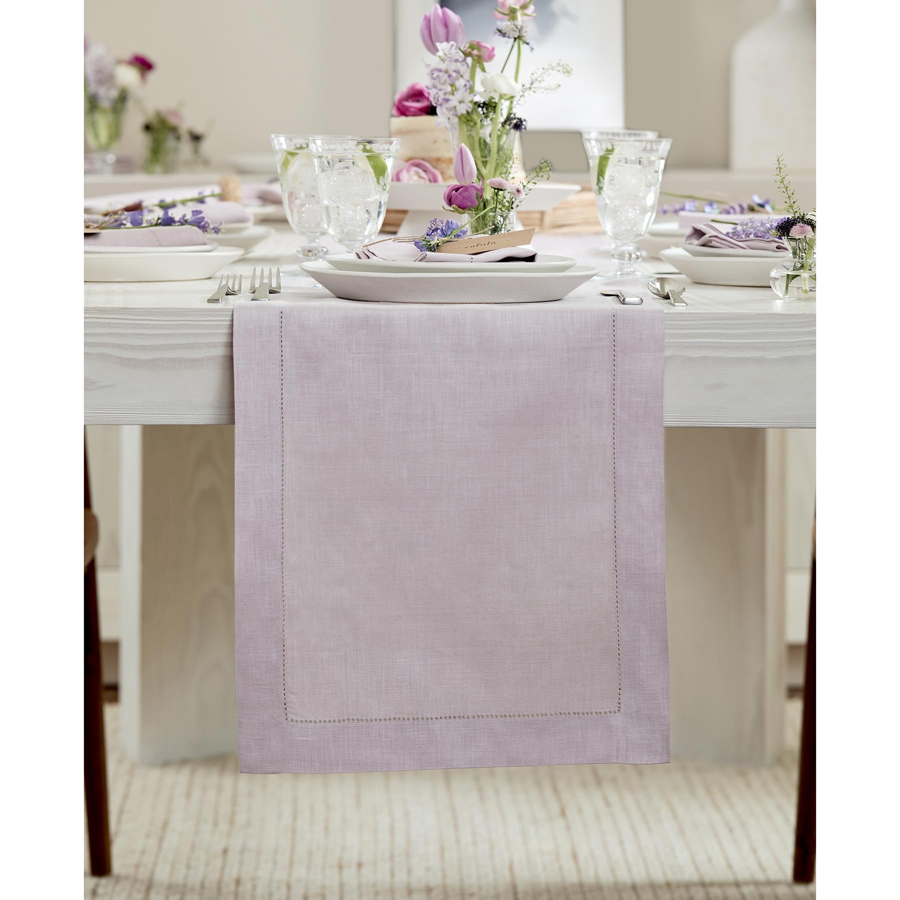 Solino Home Linen Light Natural Table Runner 72 Inches Long - 100% Pure Linen Hemstitch Table Runner 14 x 72 Inch for Dresser, Dining, Spring, Summer - Classic Hemstitch