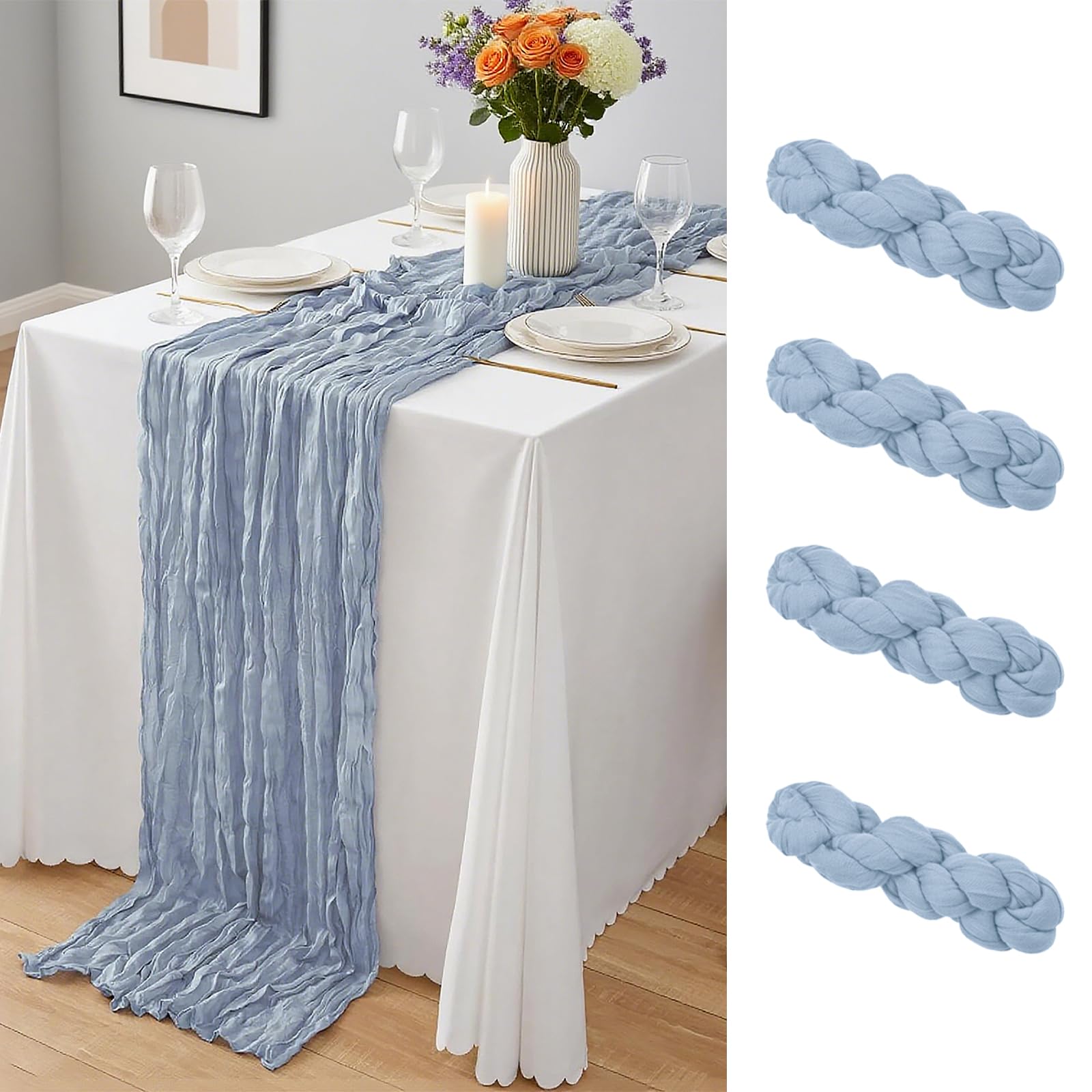 12 Pack Dusty Blue Cheesecloth Table Runner 10Ft, Gauze Table Runners 21.5 x 120 inch,Semi Sheer Cheese Cloth Fabric Runner Bulk for Wedding,Party,Baby Shower,Bridal Shower