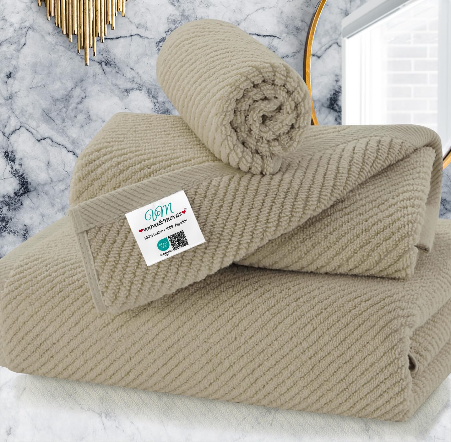 VOOVA & MOVAS Bath Towel Sets - 100% Cotton | Quick Dry | Light Weight | Thick | Soft, Beige Towels Set of 6, 2 Large Bath 30" x 56", 2 Hand 18" x 28", 2 Washcloths 13" x 13", Tan Towel Gift Set