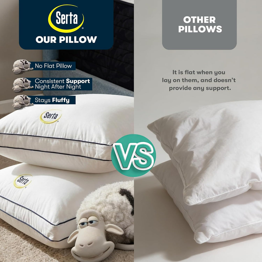 Serta Hotel Collection Bed Pillows Queen/Standard Size Set of 2, 400 Thread Count 100% Cotton Cover, Medium Soft, Support Gusseted Down Alternative Pillow for Back, Stomach or Side Sleepers, 18" x 26"