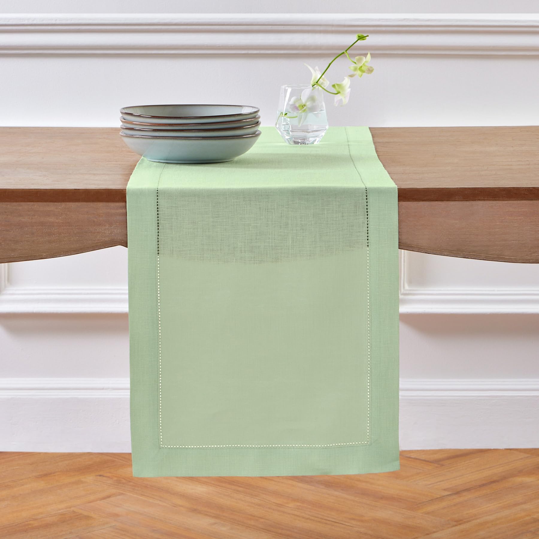 Solino Home Linen Light Natural Table Runner 72 Inches Long - 100% Pure Linen Hemstitch Table Runner 14 x 72 Inch for Dresser, Dining, Spring, Summer - Classic Hemstitch