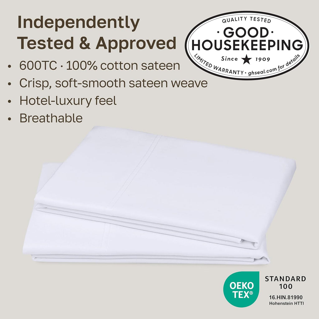 Set of 2 King Size White 600 Thread Count 100% Cotton Pillowcases