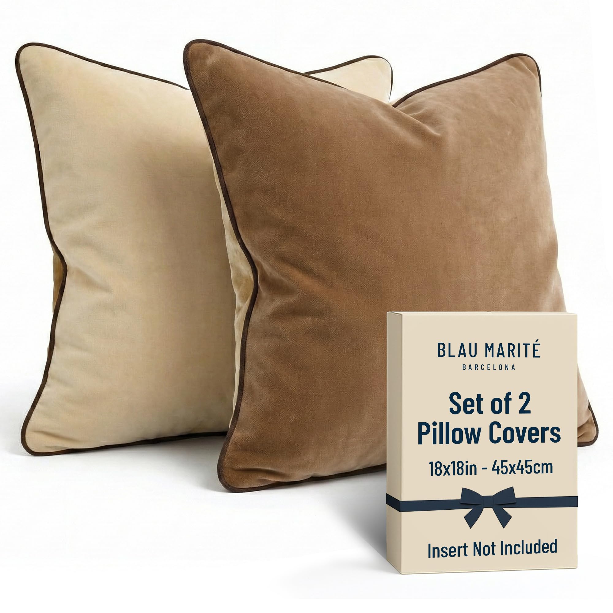 2 Pack Velvet Decorative Throw Pillow Covers, 20"x20", Green and Camel, Solid, Modern, Contrast Piping, Indoor Use, Bedroom & Living Room