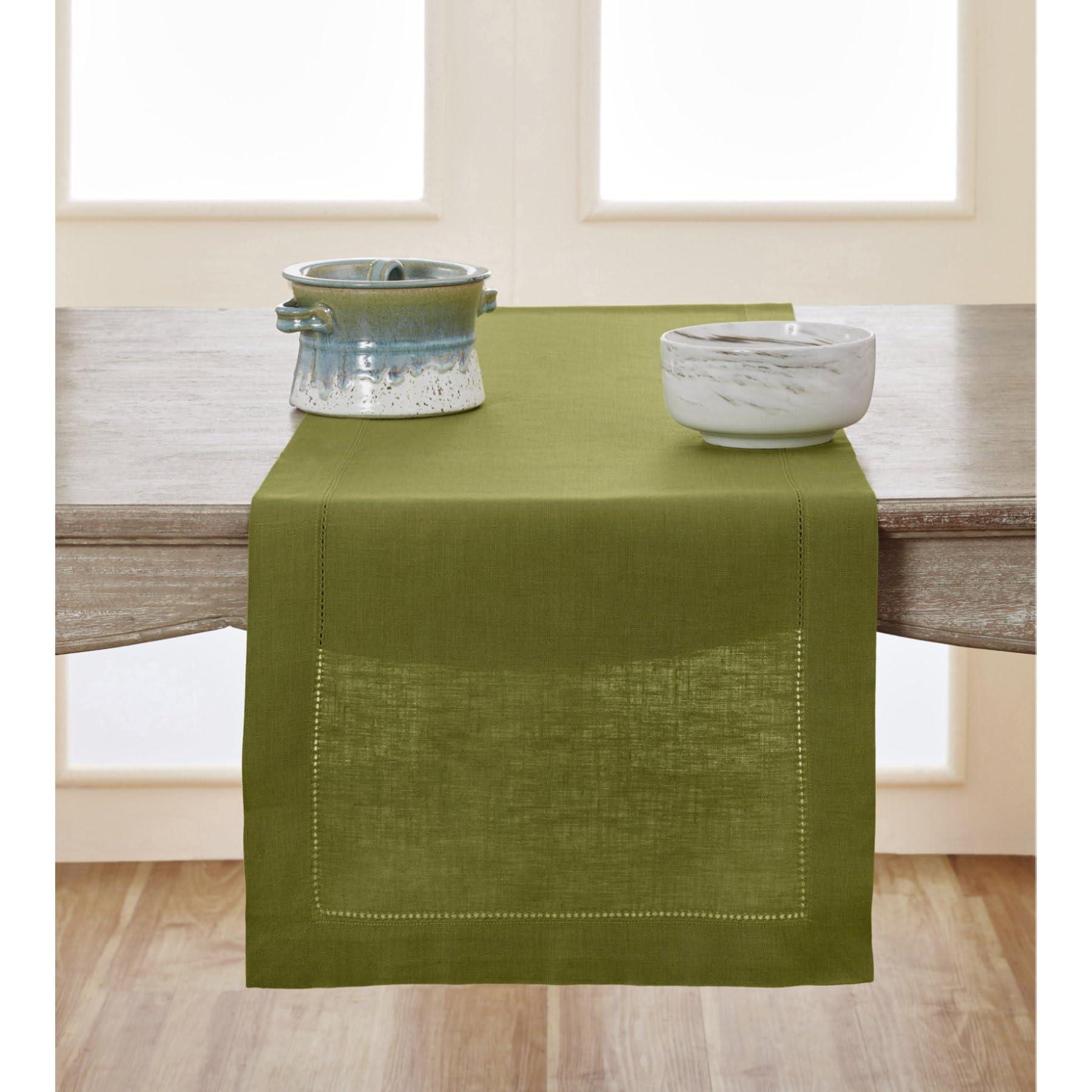 Solino Home Linen Light Natural Table Runner 72 Inches Long - 100% Pure Linen Hemstitch Table Runner 14 x 72 Inch for Dresser, Dining, Spring, Summer - Classic Hemstitch