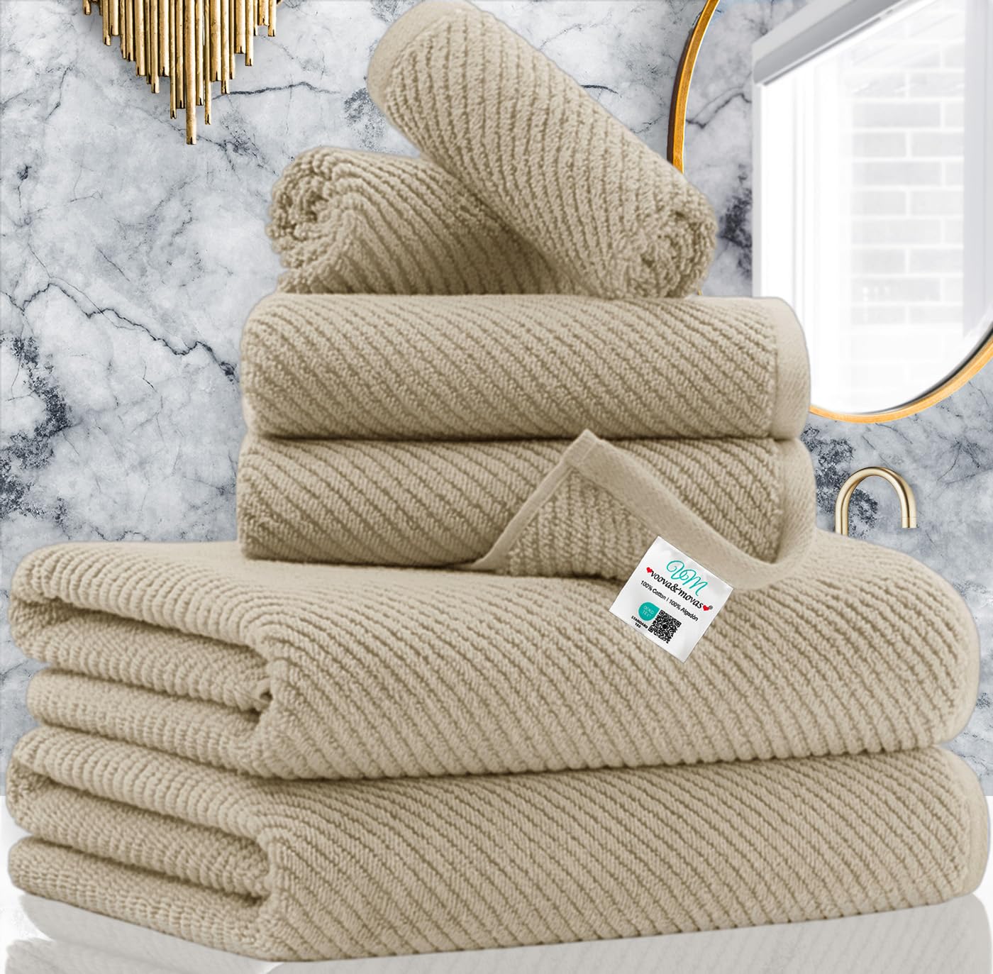 VOOVA & MOVAS Bath Towel Sets - 100% Cotton | Quick Dry | Light Weight | Thick | Soft, Beige Towels Set of 6, 2 Large Bath 30" x 56", 2 Hand 18" x 28", 2 Washcloths 13" x 13", Tan Towel Gift Set