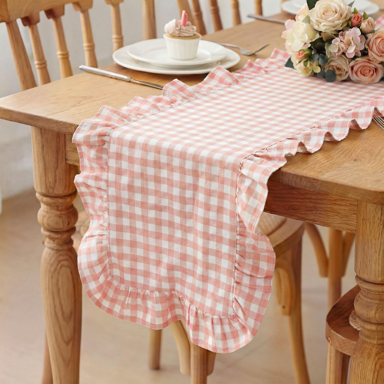 HunnmingRe 1 Pcs Blue Plaid Gingham Ruffle Table Runner 118 x 13.8'' Farmhouse Table Runner 100% Cotton Scalloped Long Dresser Scarves for Dining Room, Wedding, Kitchen Rustic Home Decor