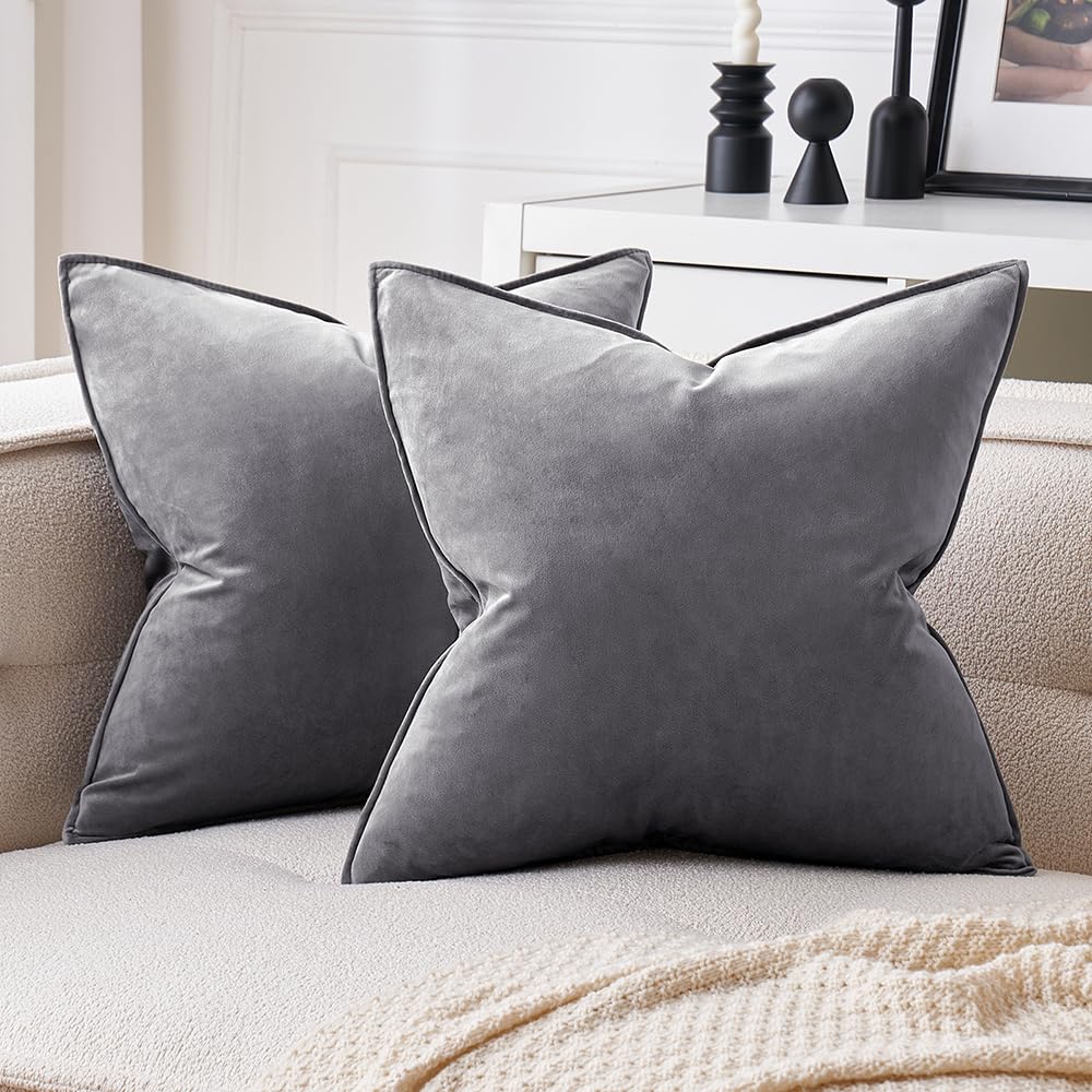 MIULEE Dark Coffee Velvet Throw Pillow Covers 24x24 Taupe Neutral Soft Decorative Solid Square Euro Sham Cushion Cases Pack of 2 Modern Luxury Home Decor for Couch, Sofa, Bedroom