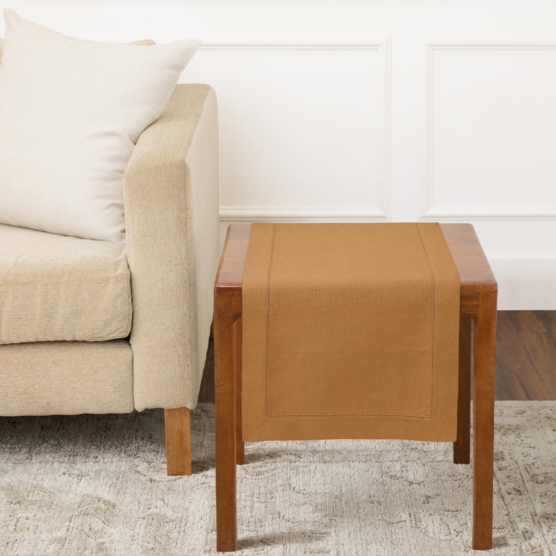 Solino Home Linen Light Natural Table Runner 72 Inches Long - 100% Pure Linen Hemstitch Table Runner 14 x 72 Inch for Dresser, Dining, Spring, Summer - Classic Hemstitch