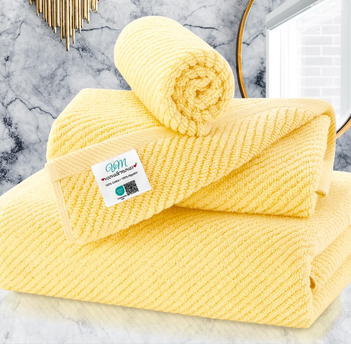VOOVA & MOVAS Bath Towel Sets - 100% Cotton | Quick Dry | Light Weight | Thick | Soft, Beige Towels Set of 6, 2 Large Bath 30" x 56", 2 Hand 18" x 28", 2 Washcloths 13" x 13", Tan Towel Gift Set