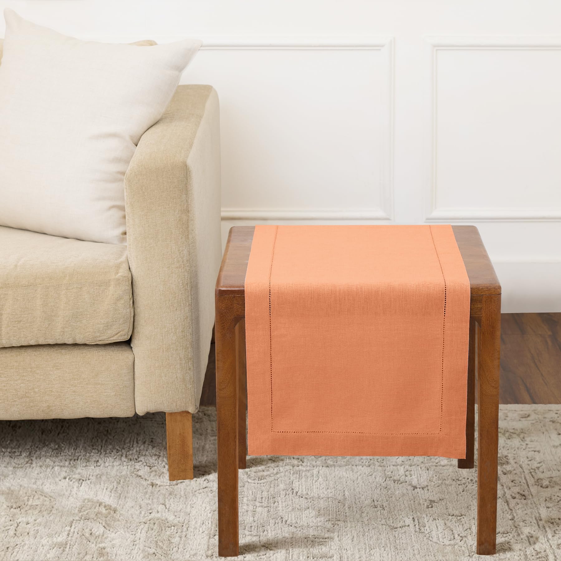 Solino Home Linen Light Natural Table Runner 72 Inches Long - 100% Pure Linen Hemstitch Table Runner 14 x 72 Inch for Dresser, Dining, Spring, Summer - Classic Hemstitch