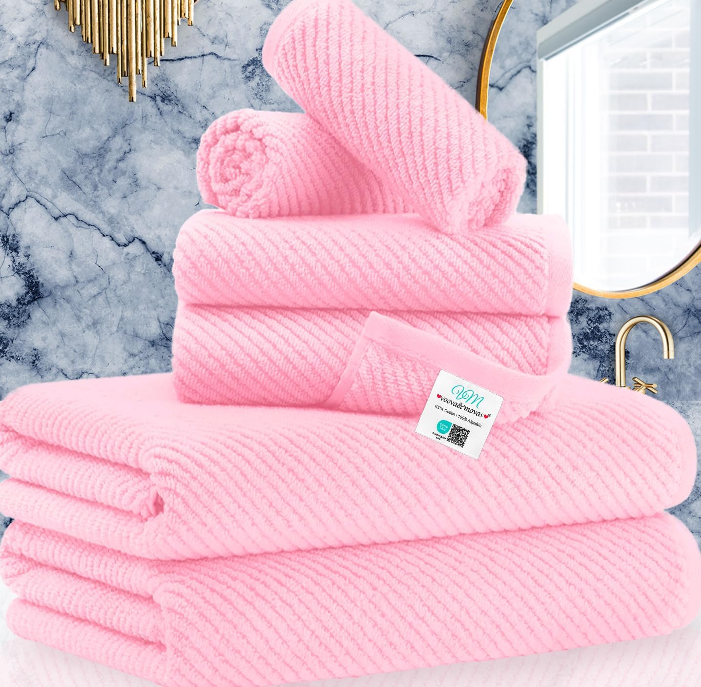 VOOVA & MOVAS Bath Towel Sets - 100% Cotton | Quick Dry | Light Weight | Thick | Soft, Beige Towels Set of 6, 2 Large Bath 30" x 56", 2 Hand 18" x 28", 2 Washcloths 13" x 13", Tan Towel Gift Set