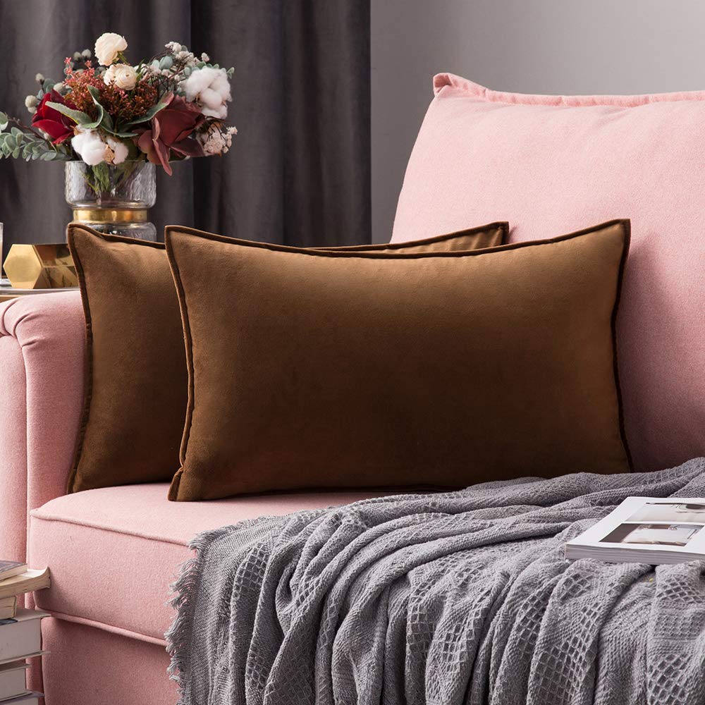 MIULEE Dark Coffee Velvet Throw Pillow Covers 24x24 Taupe Neutral Soft Decorative Solid Square Euro Sham Cushion Cases Pack of 2 Modern Luxury Home Decor for Couch, Sofa, Bedroom