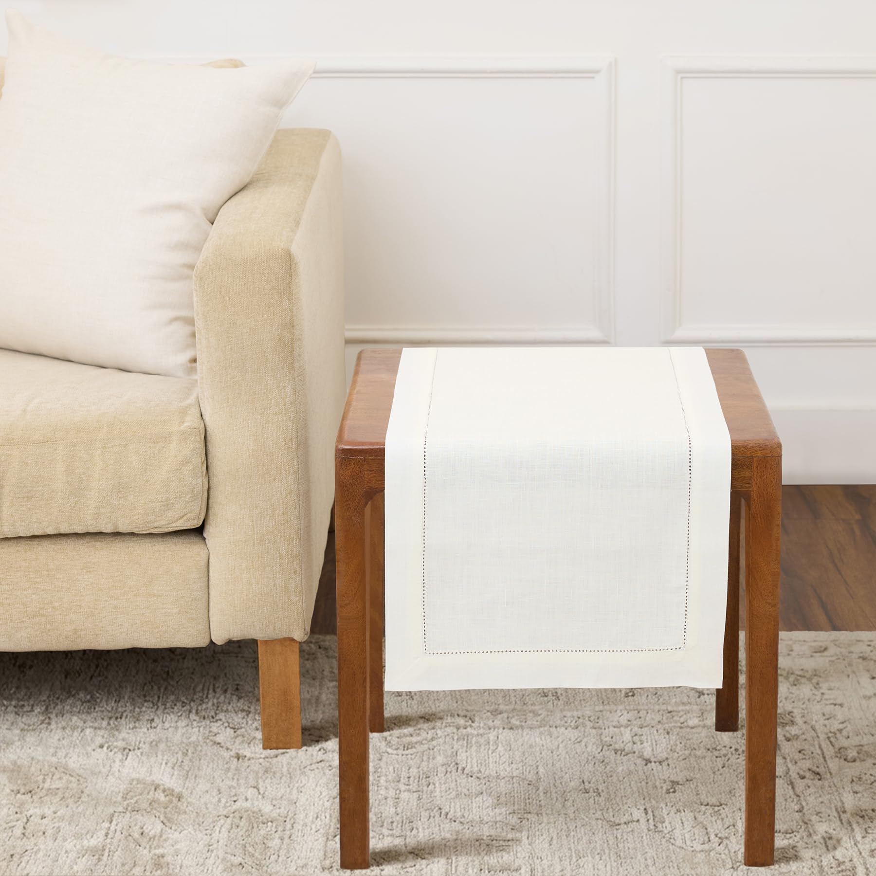 Solino Home Linen Light Natural Table Runner 72 Inches Long - 100% Pure Linen Hemstitch Table Runner 14 x 72 Inch for Dresser, Dining, Spring, Summer - Classic Hemstitch