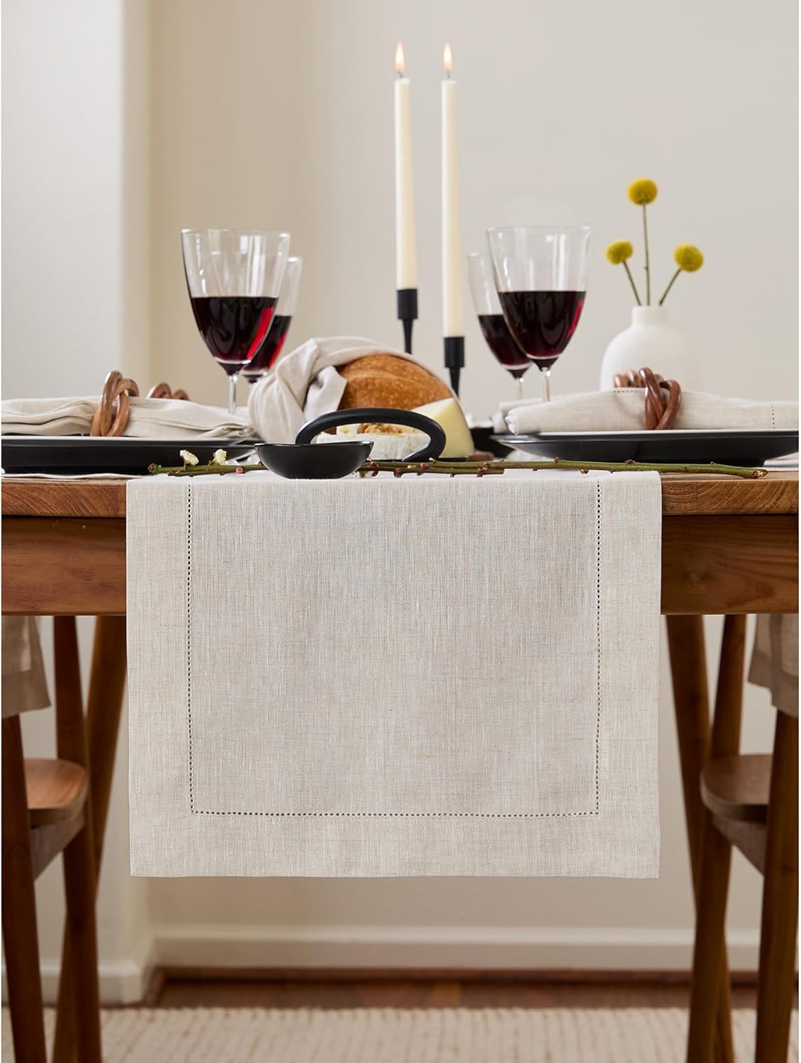 Solino Home Linen Light Natural Table Runner 72 Inches Long - 100% Pure Linen Hemstitch Table Runner 14 x 72 Inch for Dresser, Dining, Spring, Summer - Classic Hemstitch