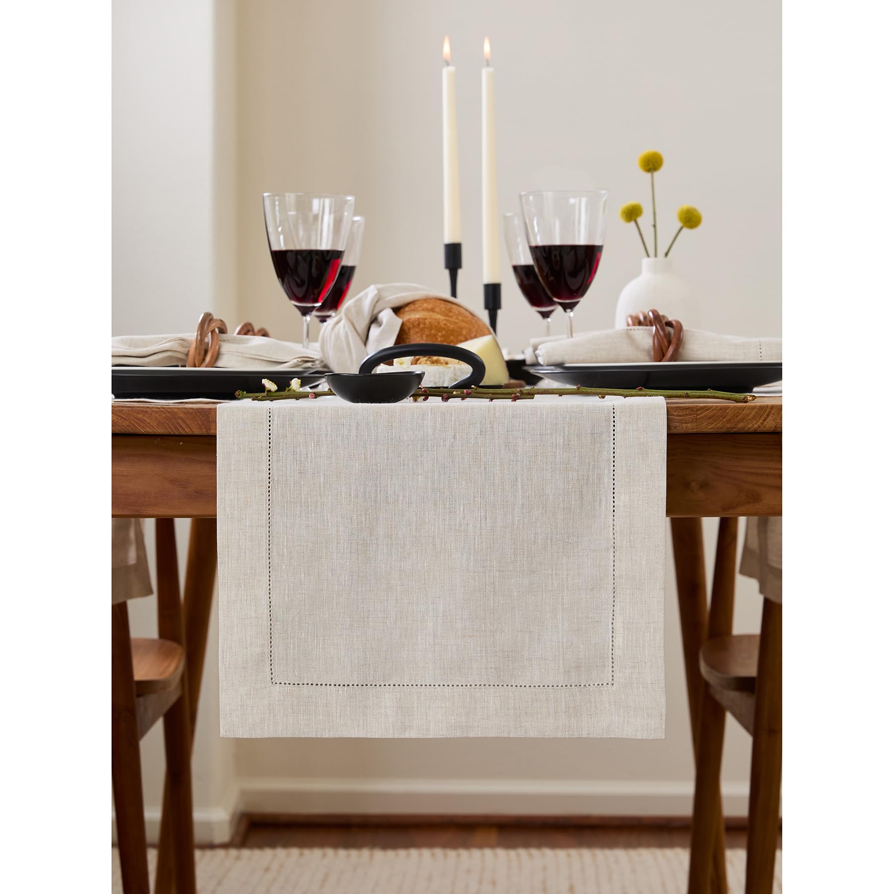 Solino Home Linen Light Natural Table Runner 72 Inches Long - 100% Pure Linen Hemstitch Table Runner 14 x 72 Inch for Dresser, Dining, Spring, Summer - Classic Hemstitch