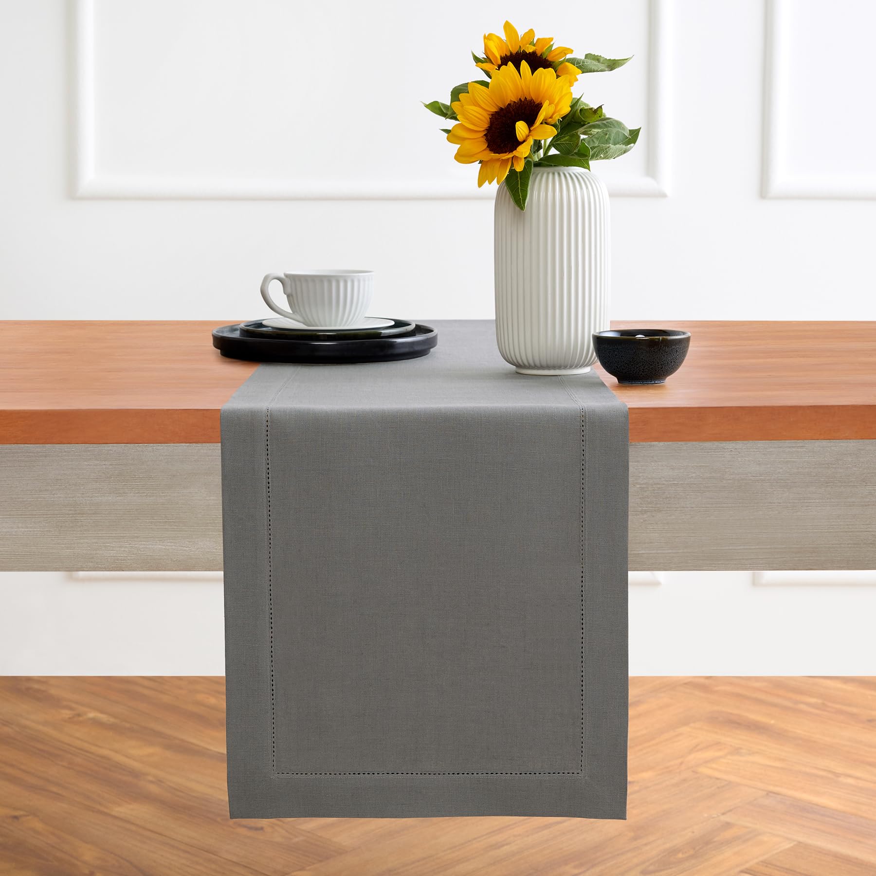 Solino Home Linen Light Natural Table Runner 72 Inches Long - 100% Pure Linen Hemstitch Table Runner 14 x 72 Inch for Dresser, Dining, Spring, Summer - Classic Hemstitch