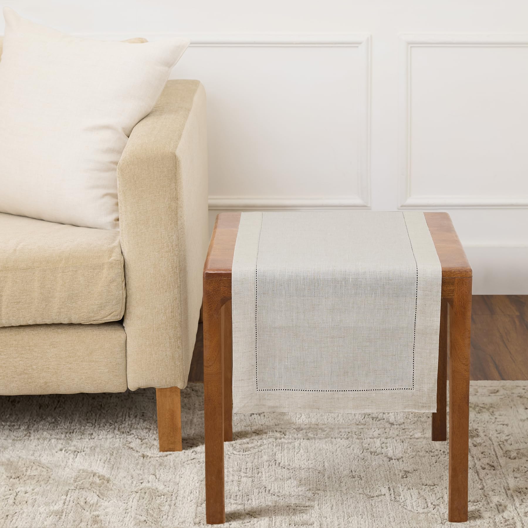 Solino Home Linen Light Natural Table Runner 72 Inches Long - 100% Pure Linen Hemstitch Table Runner 14 x 72 Inch for Dresser, Dining, Spring, Summer - Classic Hemstitch