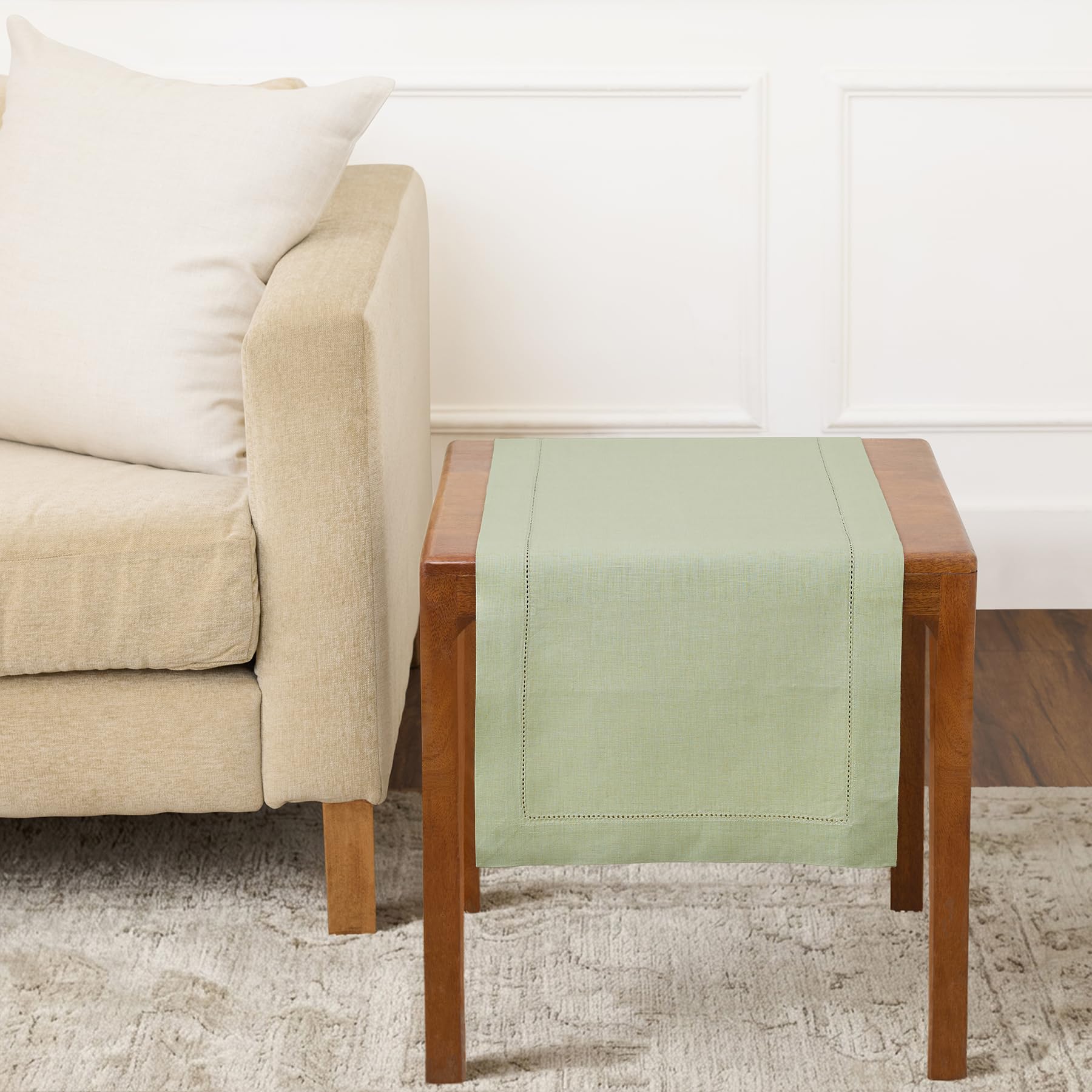 Solino Home Linen Light Natural Table Runner 72 Inches Long - 100% Pure Linen Hemstitch Table Runner 14 x 72 Inch for Dresser, Dining, Spring, Summer - Classic Hemstitch