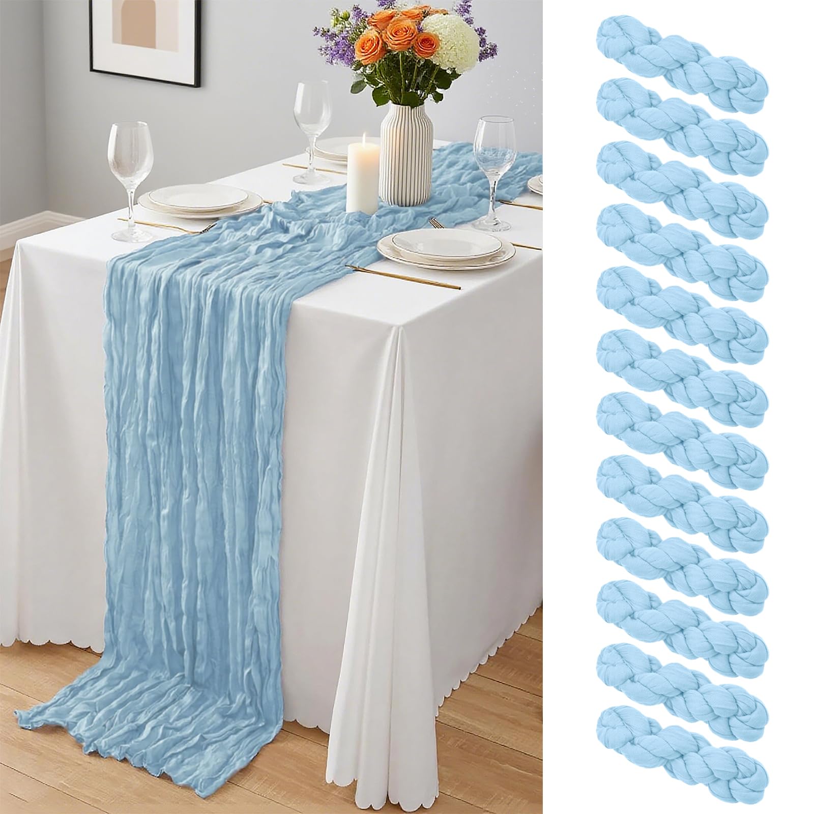 12 Pack Dusty Blue Cheesecloth Table Runner 10Ft, Gauze Table Runners 21.5 x 120 inch,Semi Sheer Cheese Cloth Fabric Runner Bulk for Wedding,Party,Baby Shower,Bridal Shower