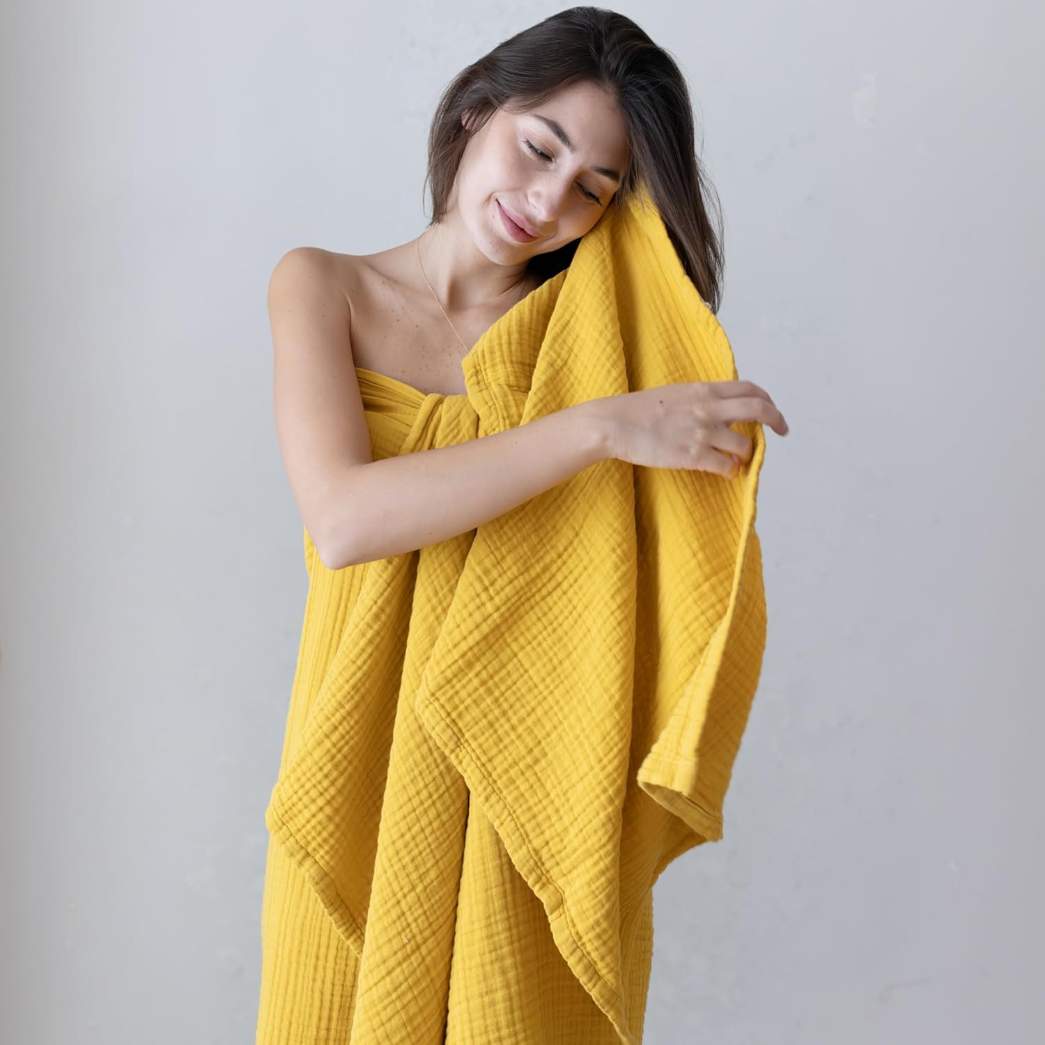 Ultra Soft Muslin Towel Adult Set, 100% Turkish Cotton 4-Layer 2 Pieces Luxury Muslin Hand & Bath Towels Sets for Bathroom (Mustard, 1 Bath & 1 Hand Towel Set)
