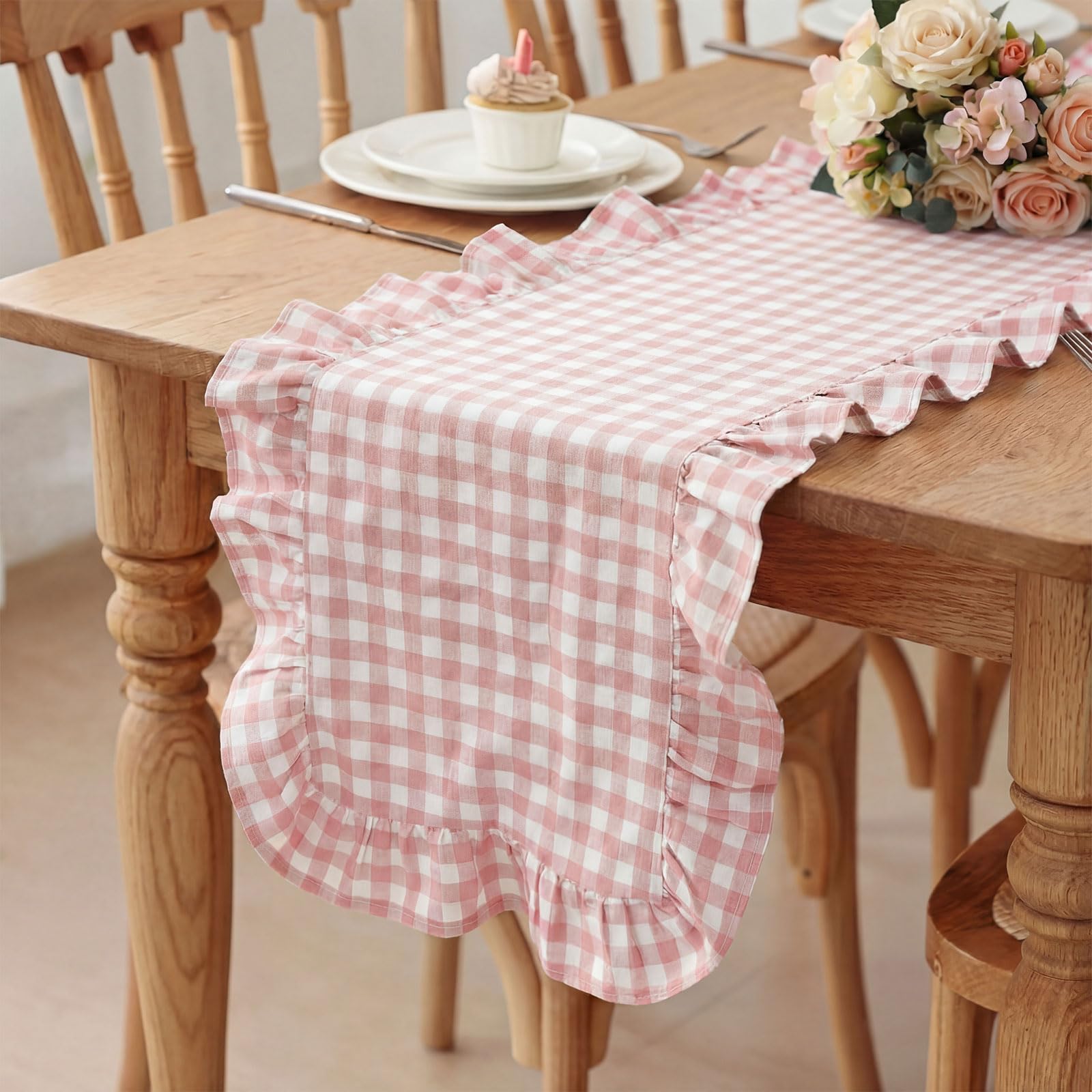 HunnmingRe 1 Pcs Blue Plaid Gingham Ruffle Table Runner 118 x 13.8'' Farmhouse Table Runner 100% Cotton Scalloped Long Dresser Scarves for Dining Room, Wedding, Kitchen Rustic Home Decor