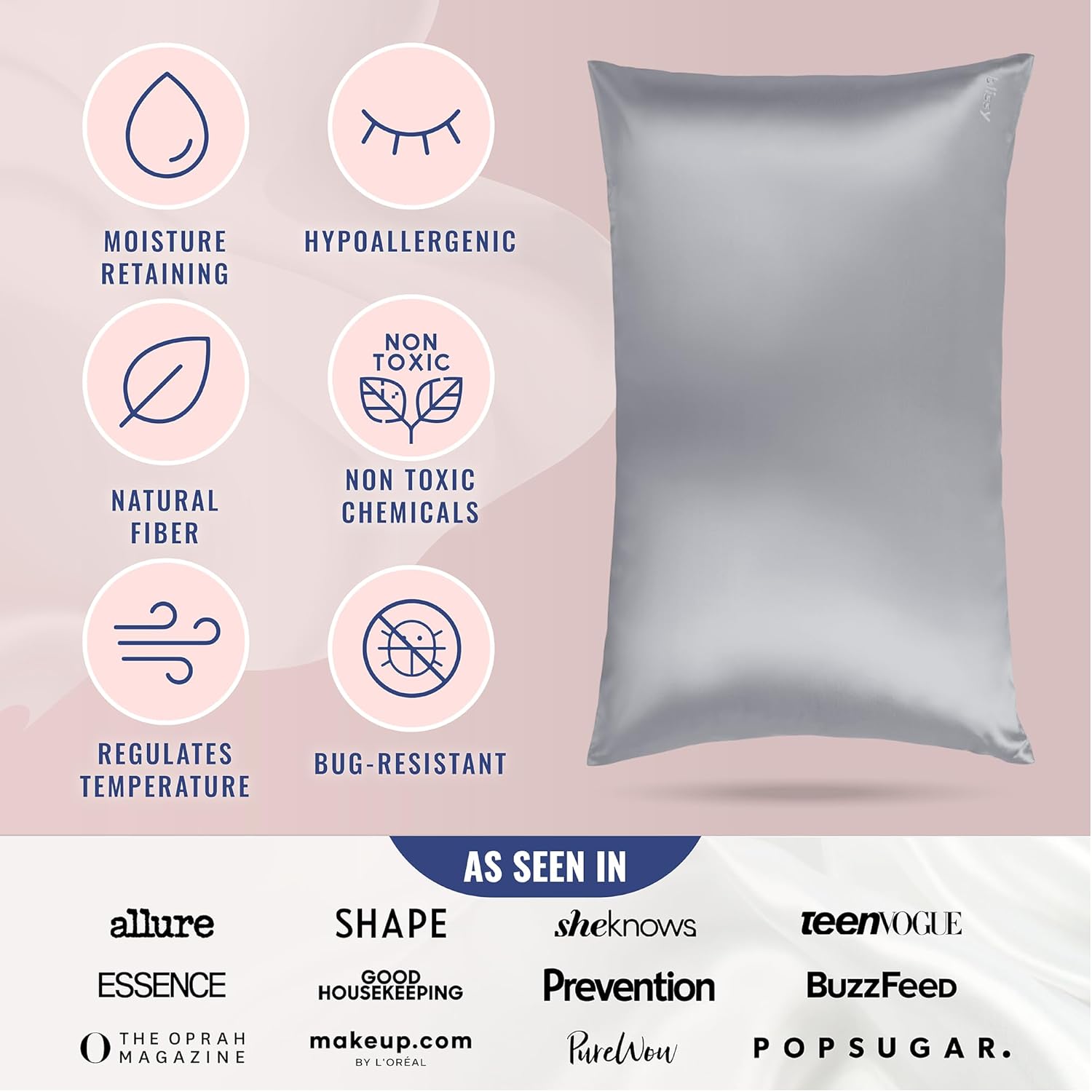 Blissy Silk Pillowcase - 100% Pure Mulberry Silk - 22 Momme 6A High-Grade Fibers - Silk Pillow Cover for Hair & Skin - Regular, Queen & King (Silver, Standard)