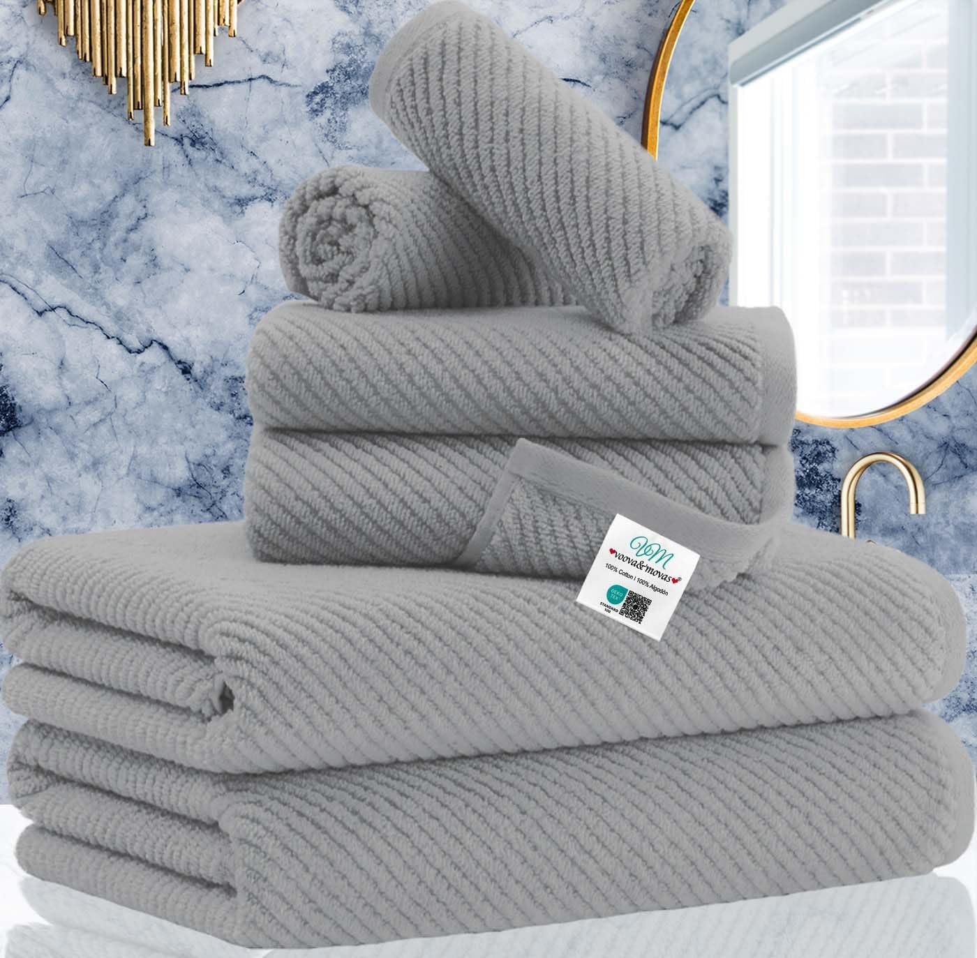 VOOVA & MOVAS Bath Towel Sets - 100% Cotton | Quick Dry | Light Weight | Thick | Soft, Beige Towels Set of 6, 2 Large Bath 30" x 56", 2 Hand 18" x 28", 2 Washcloths 13" x 13", Tan Towel Gift Set