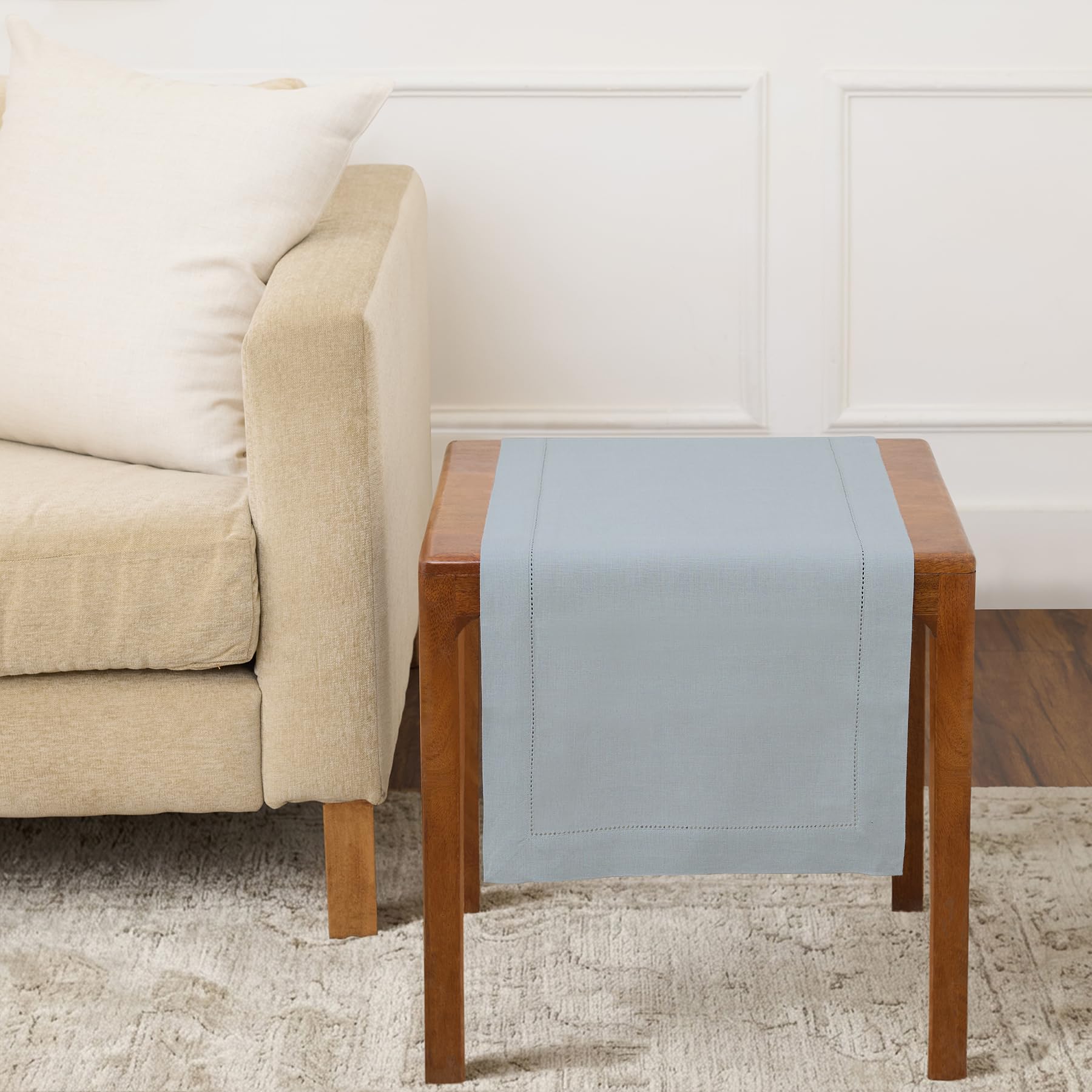 Solino Home Linen Light Natural Table Runner 72 Inches Long - 100% Pure Linen Hemstitch Table Runner 14 x 72 Inch for Dresser, Dining, Spring, Summer - Classic Hemstitch