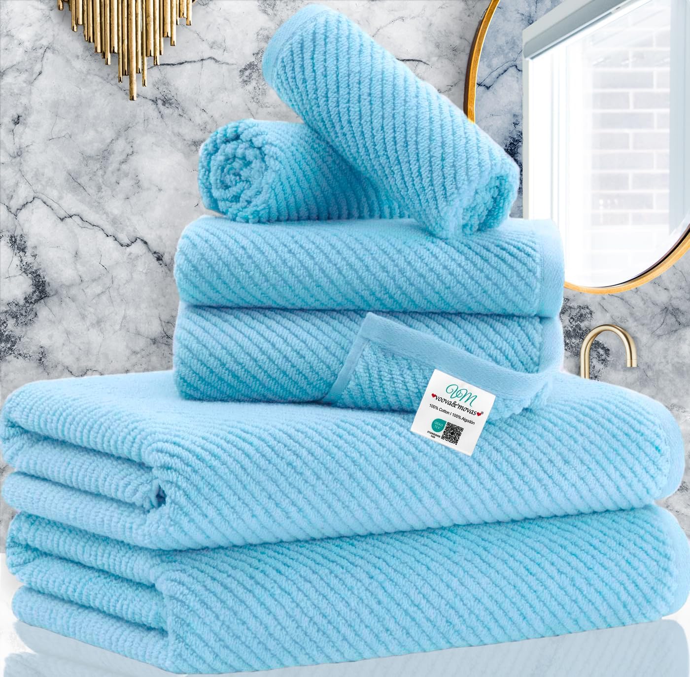 VOOVA & MOVAS Bath Towel Sets - 100% Cotton | Quick Dry | Light Weight | Thick | Soft, Beige Towels Set of 6, 2 Large Bath 30" x 56", 2 Hand 18" x 28", 2 Washcloths 13" x 13", Tan Towel Gift Set