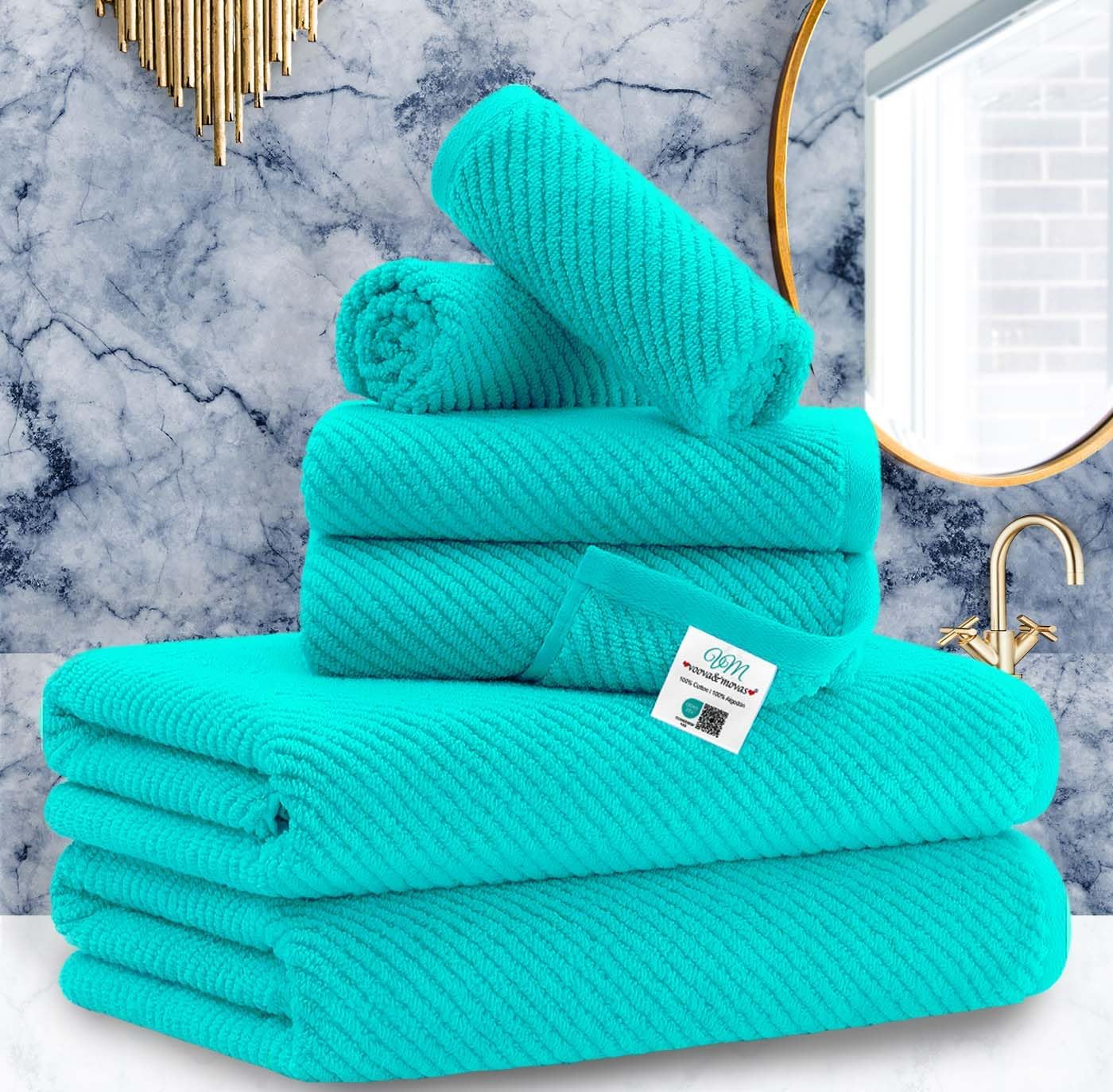 VOOVA & MOVAS Bath Towel Sets - 100% Cotton | Quick Dry | Light Weight | Thick | Soft, Beige Towels Set of 6, 2 Large Bath 30" x 56", 2 Hand 18" x 28", 2 Washcloths 13" x 13", Tan Towel Gift Set