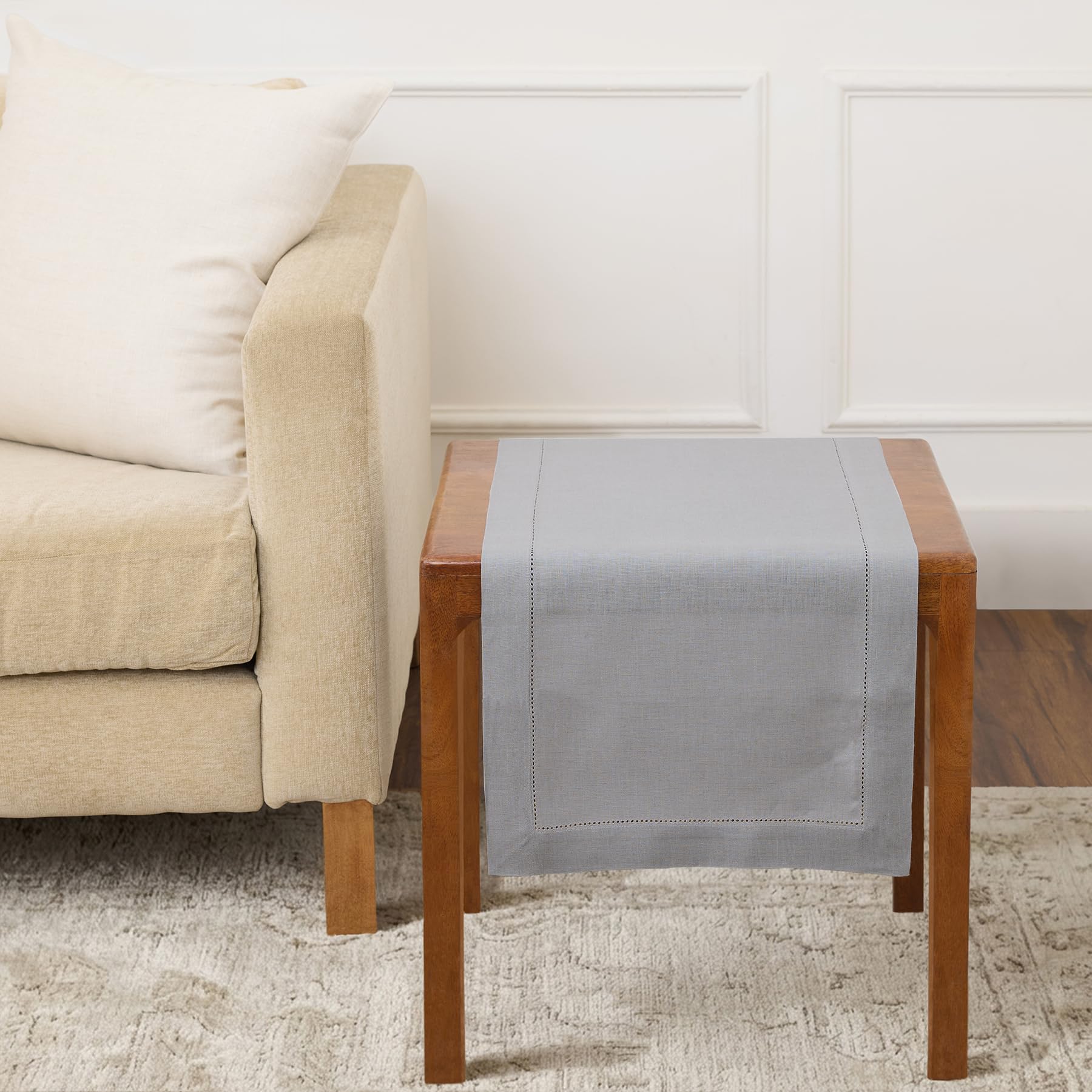 Solino Home Linen Light Natural Table Runner 72 Inches Long - 100% Pure Linen Hemstitch Table Runner 14 x 72 Inch for Dresser, Dining, Spring, Summer - Classic Hemstitch