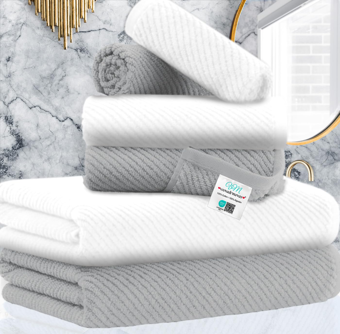 VOOVA & MOVAS Bath Towel Sets - 100% Cotton | Quick Dry | Light Weight | Thick | Soft, Beige Towels Set of 6, 2 Large Bath 30" x 56", 2 Hand 18" x 28", 2 Washcloths 13" x 13", Tan Towel Gift Set