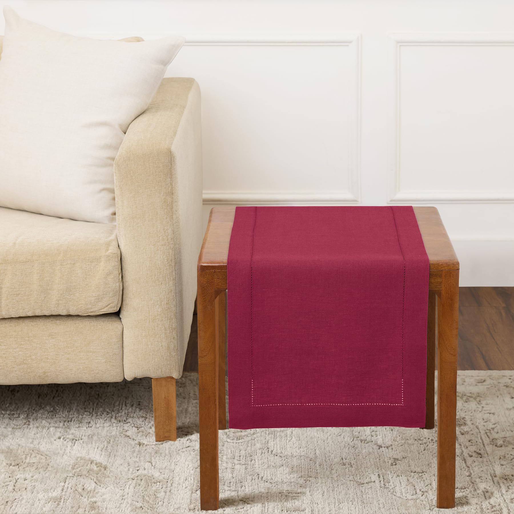 Solino Home Linen Light Natural Table Runner 72 Inches Long - 100% Pure Linen Hemstitch Table Runner 14 x 72 Inch for Dresser, Dining, Spring, Summer - Classic Hemstitch