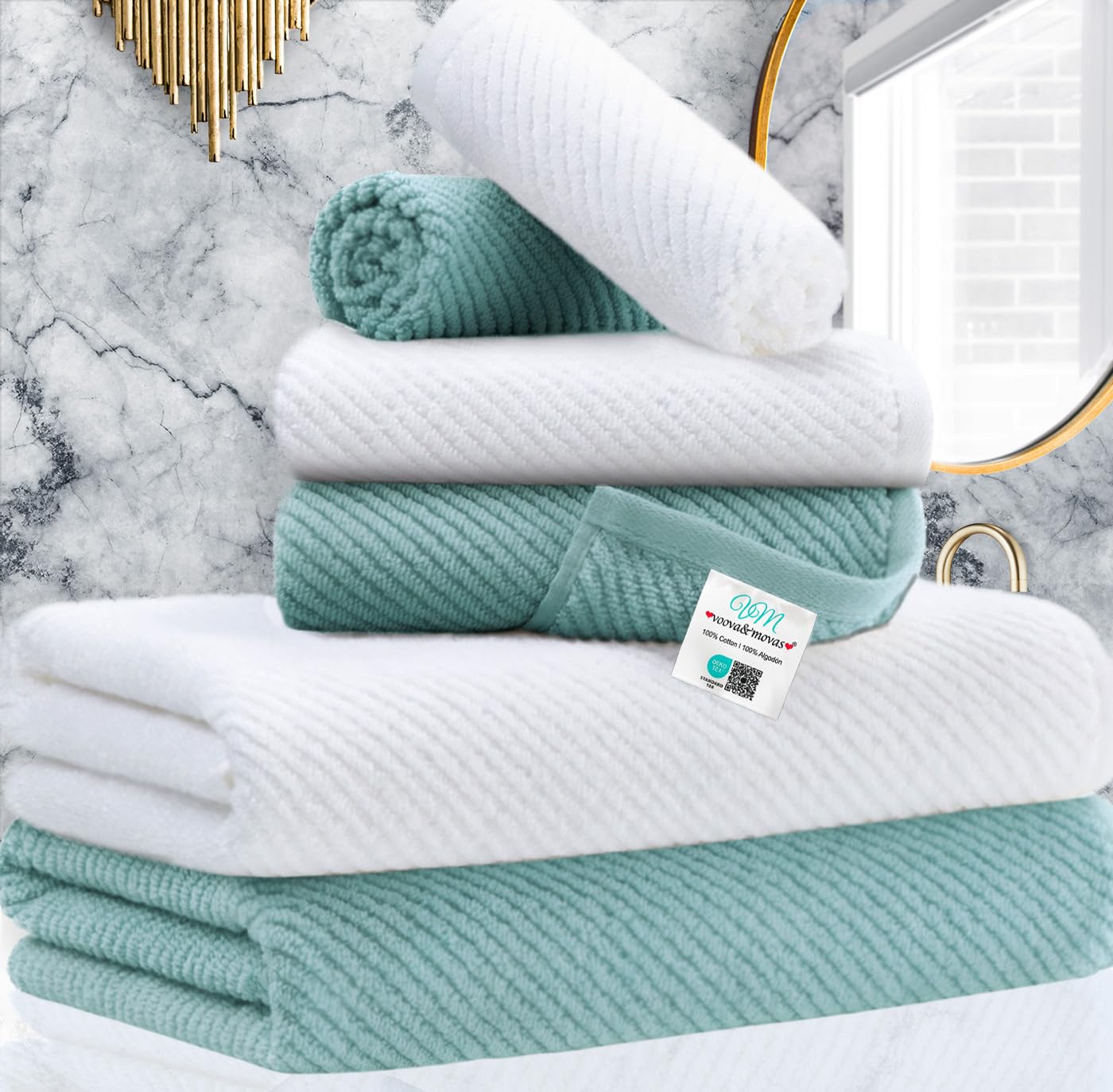 VOOVA & MOVAS Bath Towel Sets - 100% Cotton | Quick Dry | Light Weight | Thick | Soft, Beige Towels Set of 6, 2 Large Bath 30" x 56", 2 Hand 18" x 28", 2 Washcloths 13" x 13", Tan Towel Gift Set