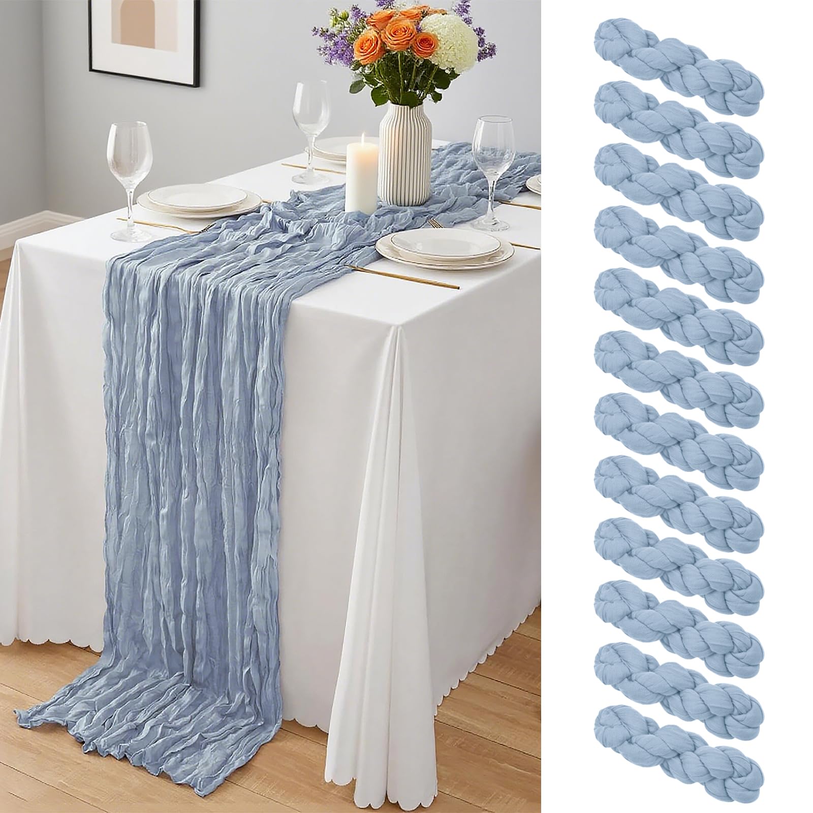 12 Pack Dusty Blue Cheesecloth Table Runner 10Ft, Gauze Table Runners 21.5 x 120 inch,Semi Sheer Cheese Cloth Fabric Runner Bulk for Wedding,Party,Baby Shower,Bridal Shower