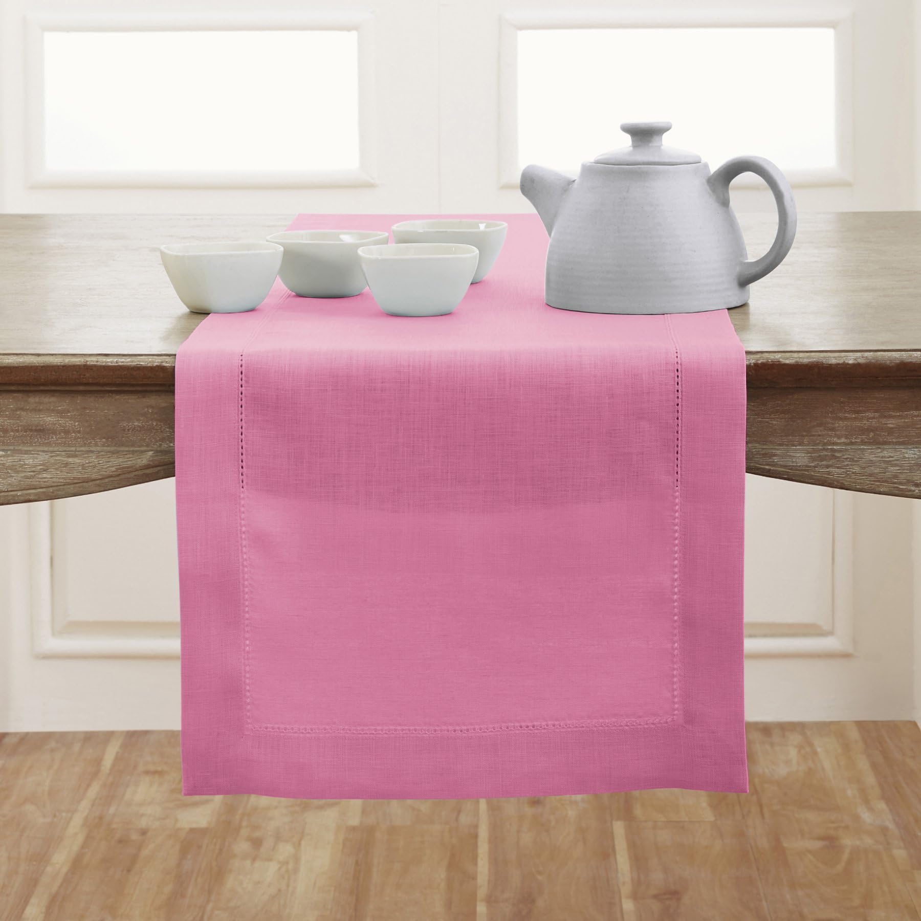 Solino Home Linen Light Natural Table Runner 72 Inches Long - 100% Pure Linen Hemstitch Table Runner 14 x 72 Inch for Dresser, Dining, Spring, Summer - Classic Hemstitch
