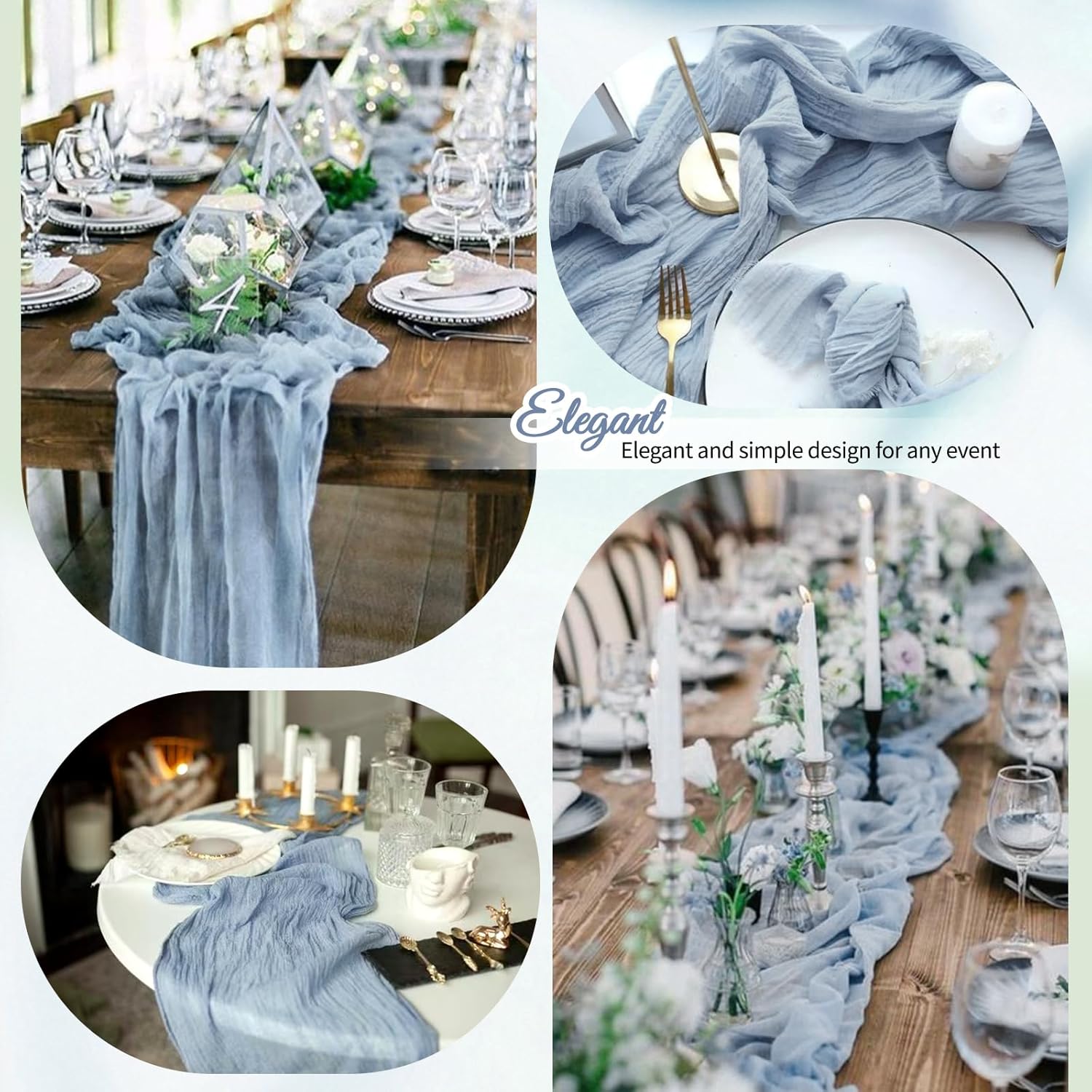 12 Pack Dusty Blue Cheesecloth Table Runner 10Ft, Gauze Table Runners 21.5 x 120 inch,Semi Sheer Cheese Cloth Fabric Runner Bulk for Wedding,Party,Baby Shower,Bridal Shower
