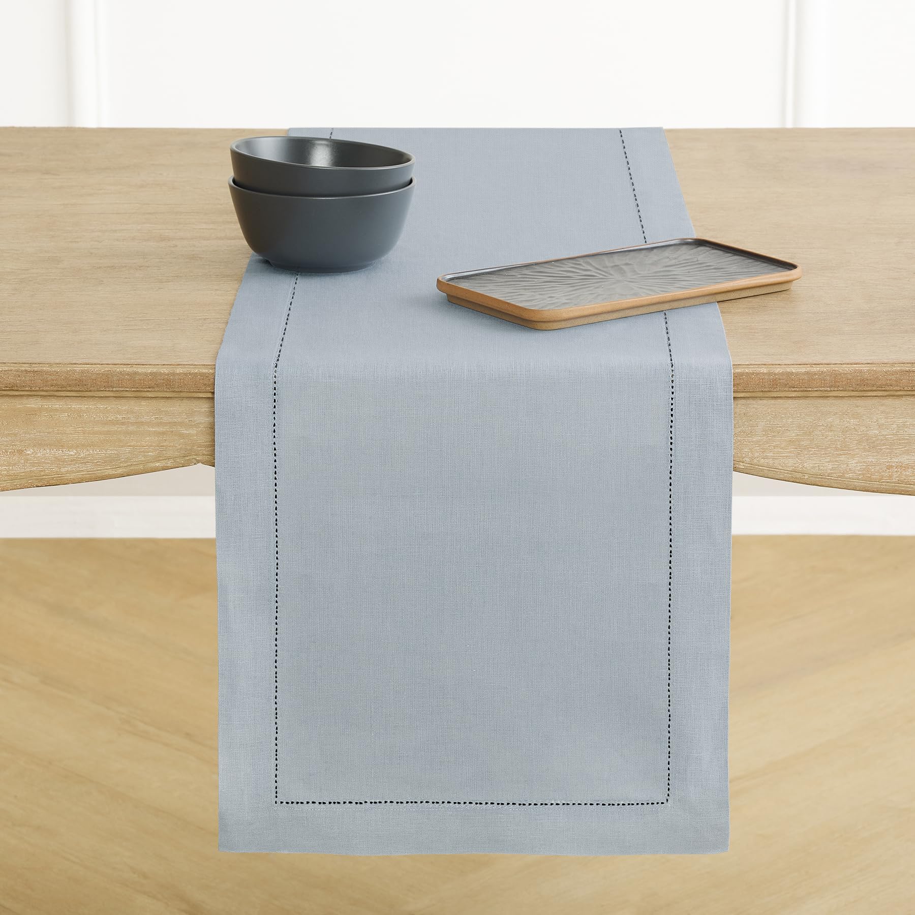Solino Home Linen Light Natural Table Runner 72 Inches Long - 100% Pure Linen Hemstitch Table Runner 14 x 72 Inch for Dresser, Dining, Spring, Summer - Classic Hemstitch