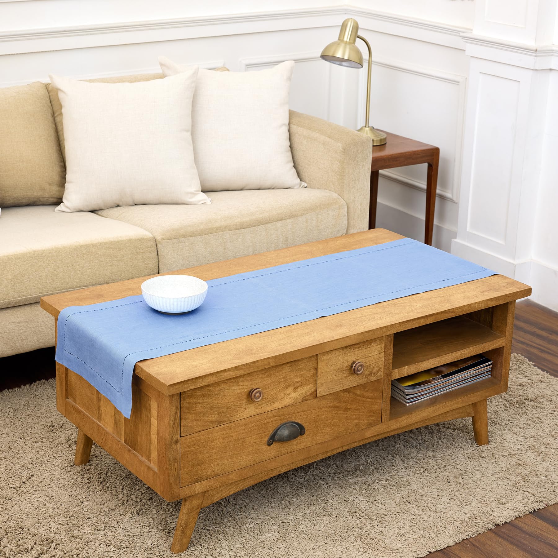 Solino Home Linen Light Natural Table Runner 72 Inches Long - 100% Pure Linen Hemstitch Table Runner 14 x 72 Inch for Dresser, Dining, Spring, Summer - Classic Hemstitch