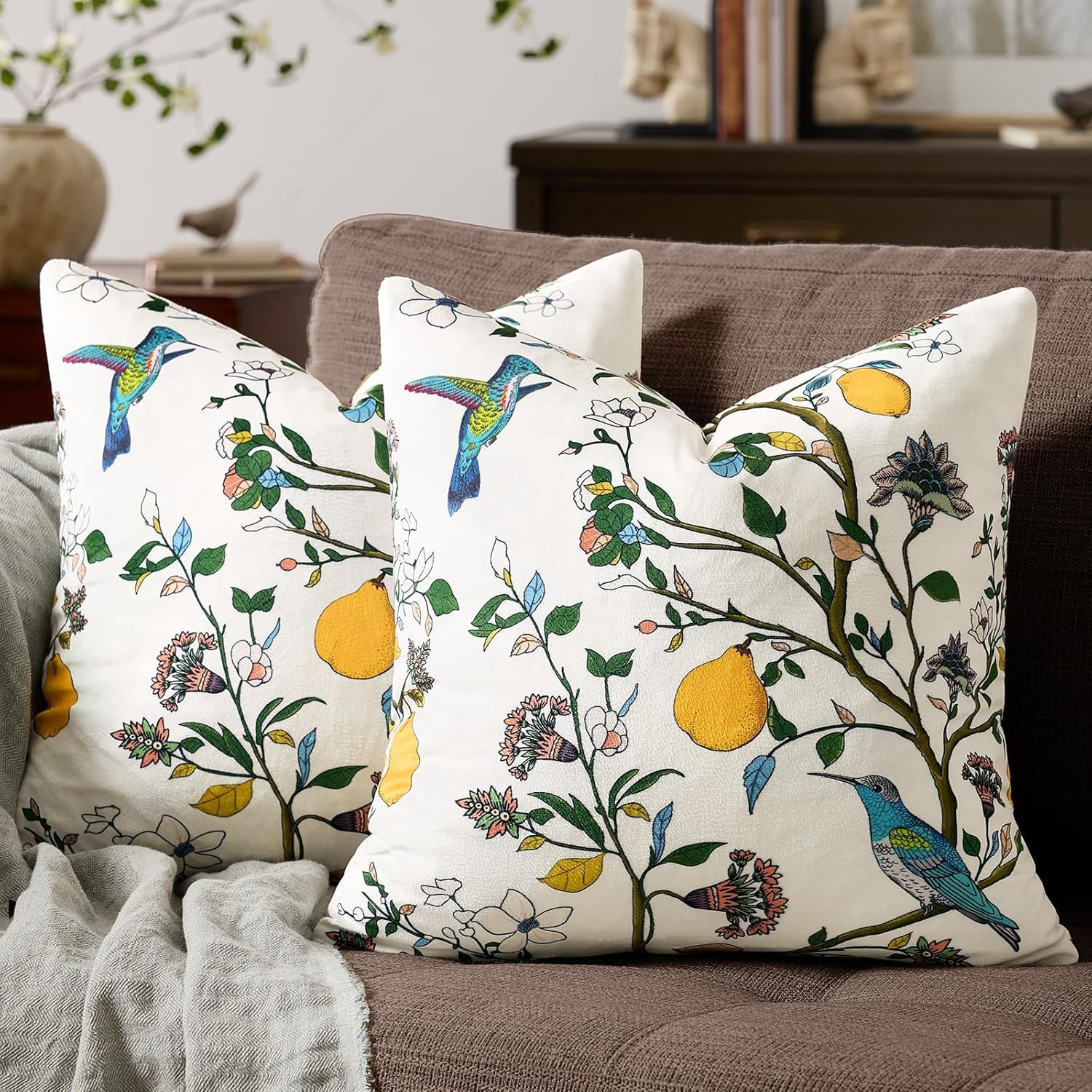 Mustard Yellow Velvet Throw Pillow Covers 20x20 Pack of 2, Vintage Floral Pillow Covers, Mid Century Flower Plant Cushion Covers for Sofa Living Room Home Decor
