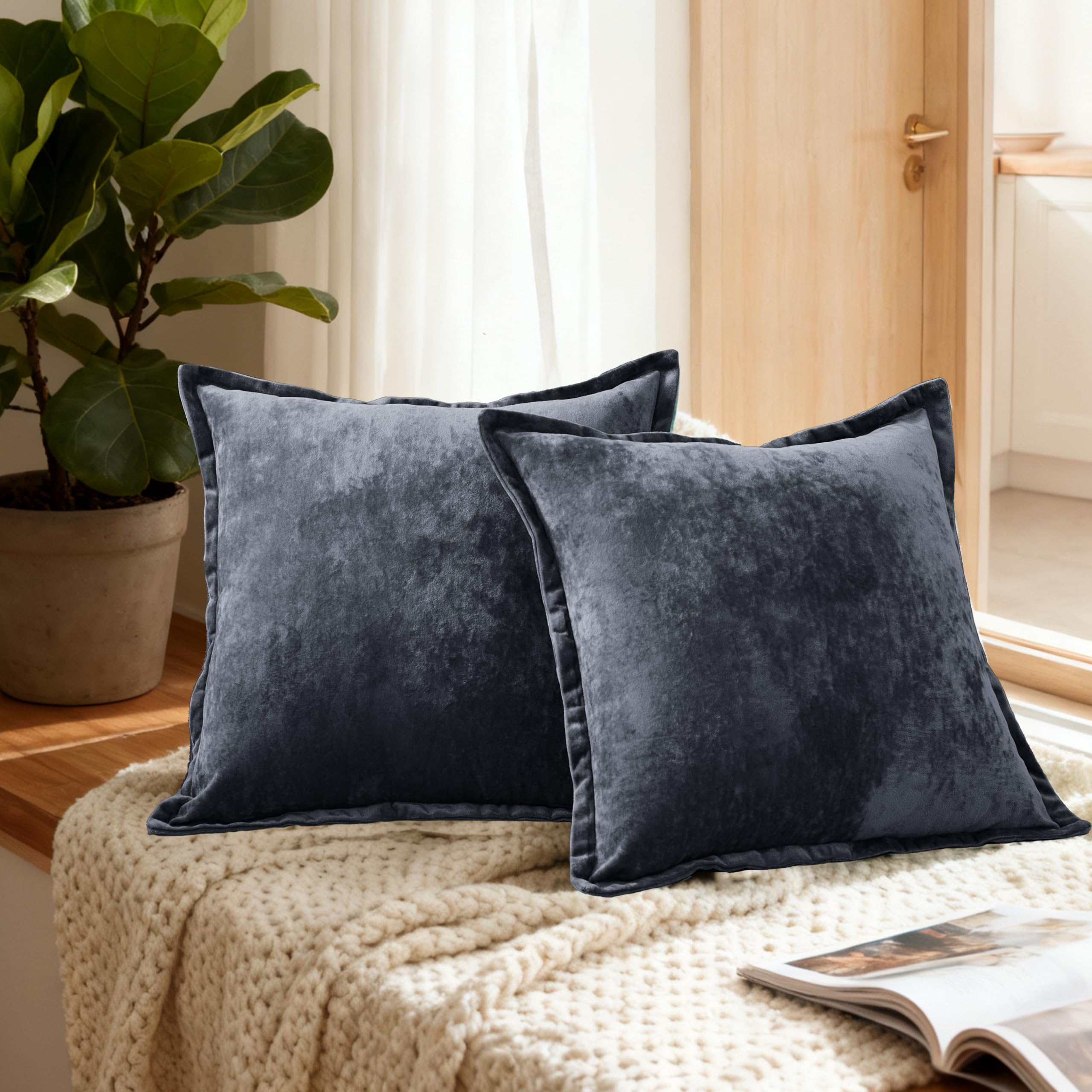 Velvet Pillow Covers 2 Pack Soft 26x26 Pillow Covers Solid Square Euro Shams Decorative Couch Pillow Cases with Wide Border for Sofa Bed Home Decor,Black
