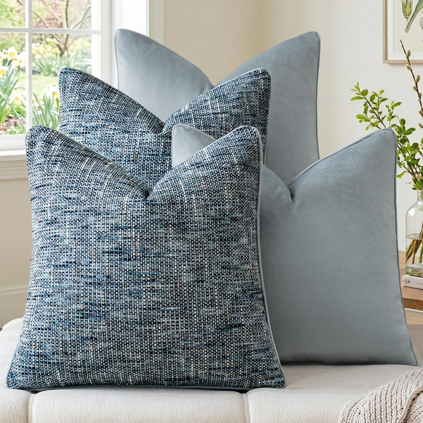 a moment Khaki 4 Pack Throw Pillow Covers - Chenille & Velvet Set with Piping, Farmhouse Textured Design Cushion Cases for Couch Sofa Bed (20x20 Inch, No Insert)
