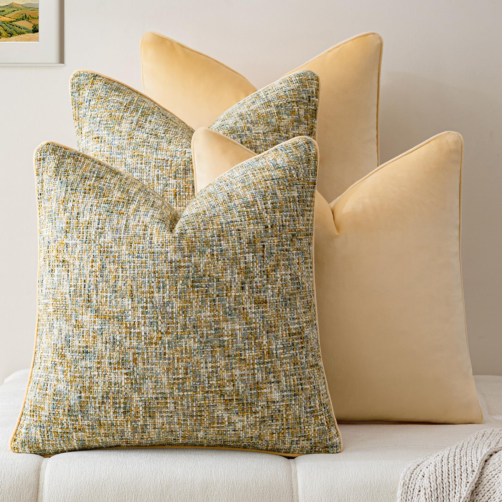 a moment Khaki 4 Pack Throw Pillow Covers - Chenille & Velvet Set with Piping, Farmhouse Textured Design Cushion Cases for Couch Sofa Bed (20x20 Inch, No Insert)