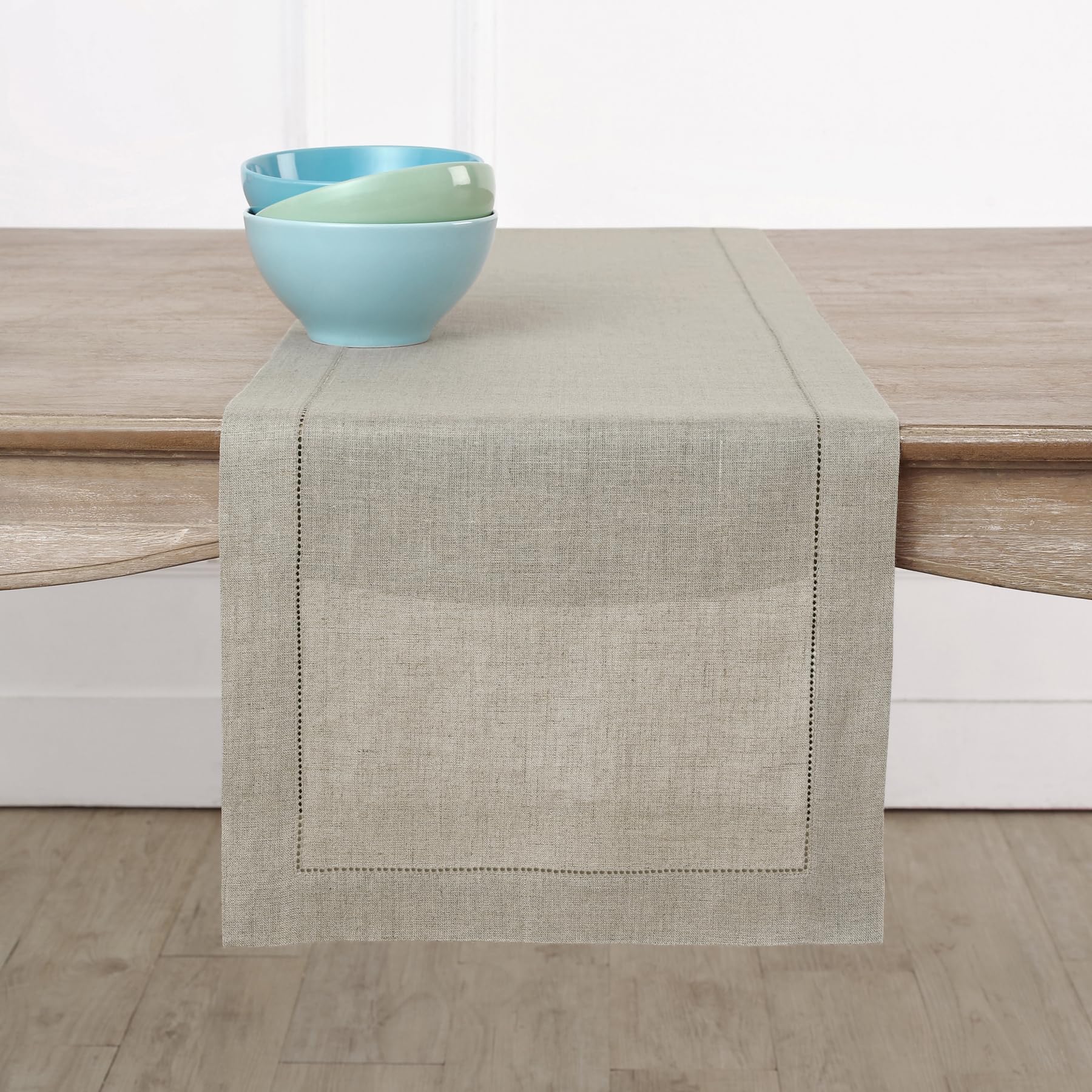 Solino Home Linen Light Natural Table Runner 72 Inches Long - 100% Pure Linen Hemstitch Table Runner 14 x 72 Inch for Dresser, Dining, Spring, Summer - Classic Hemstitch